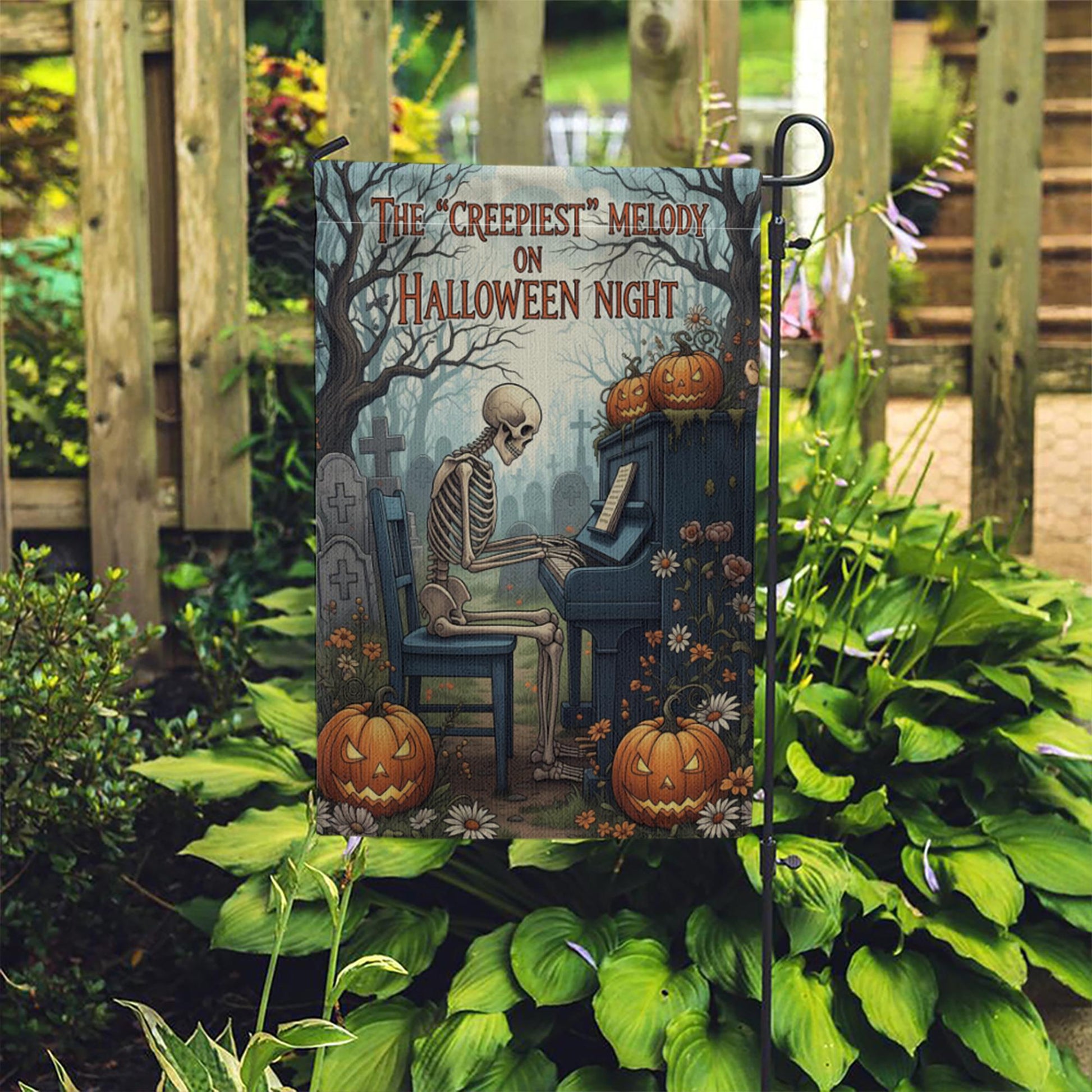 Creepiest Melody Garden Flag, Skeleton Playing Piano, Halloween Night Decor, Spooky Yard Art, Gothic Outdoor Banner, Unique Holiday Gift