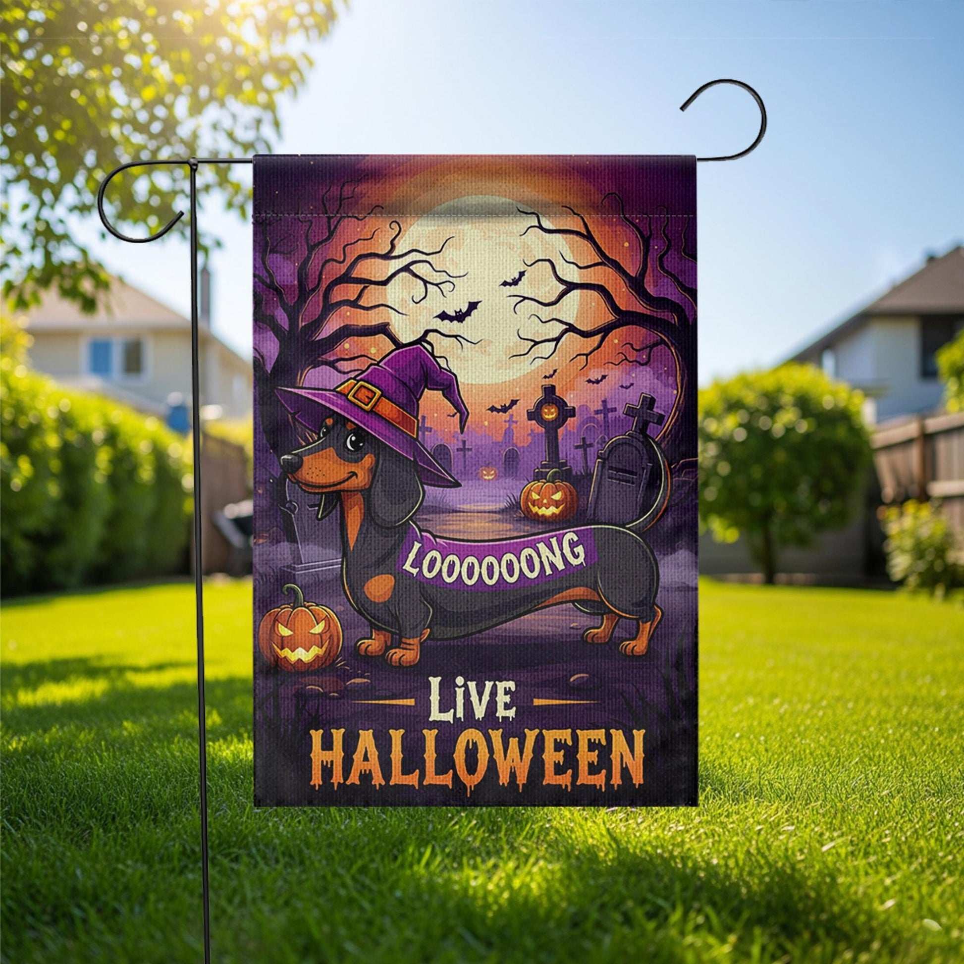 Halloween Dachshund Garden Flag, Long Dog Witch Yard Decor, Funny Wiener Dog Outdoor Banner, Spooky Fall Porch Decoration