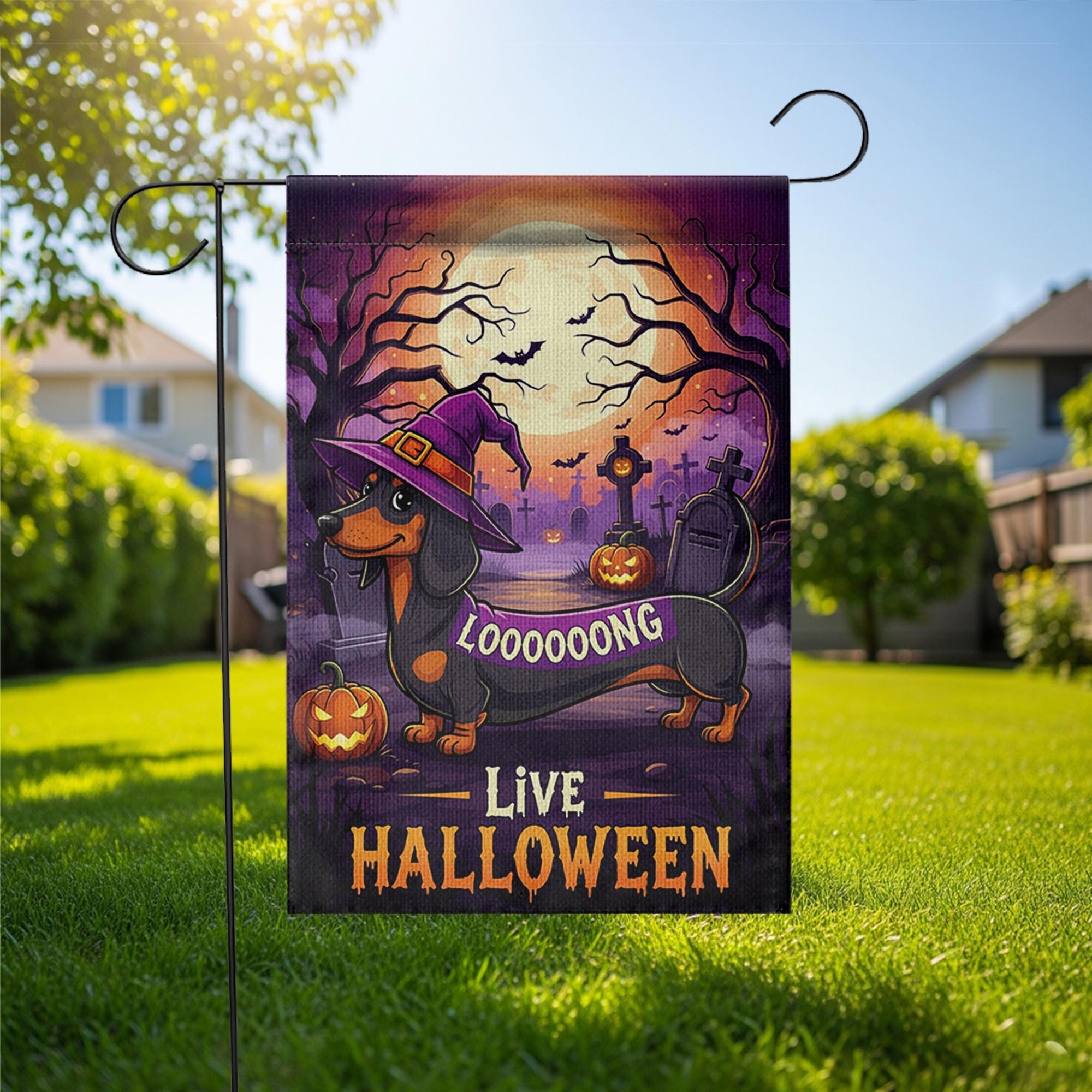 Halloween Dachshund Garden Flag, Long Dog Witch Yard Decor, Funny Wiener Dog Outdoor Banner, Spooky Fall Porch Decoration