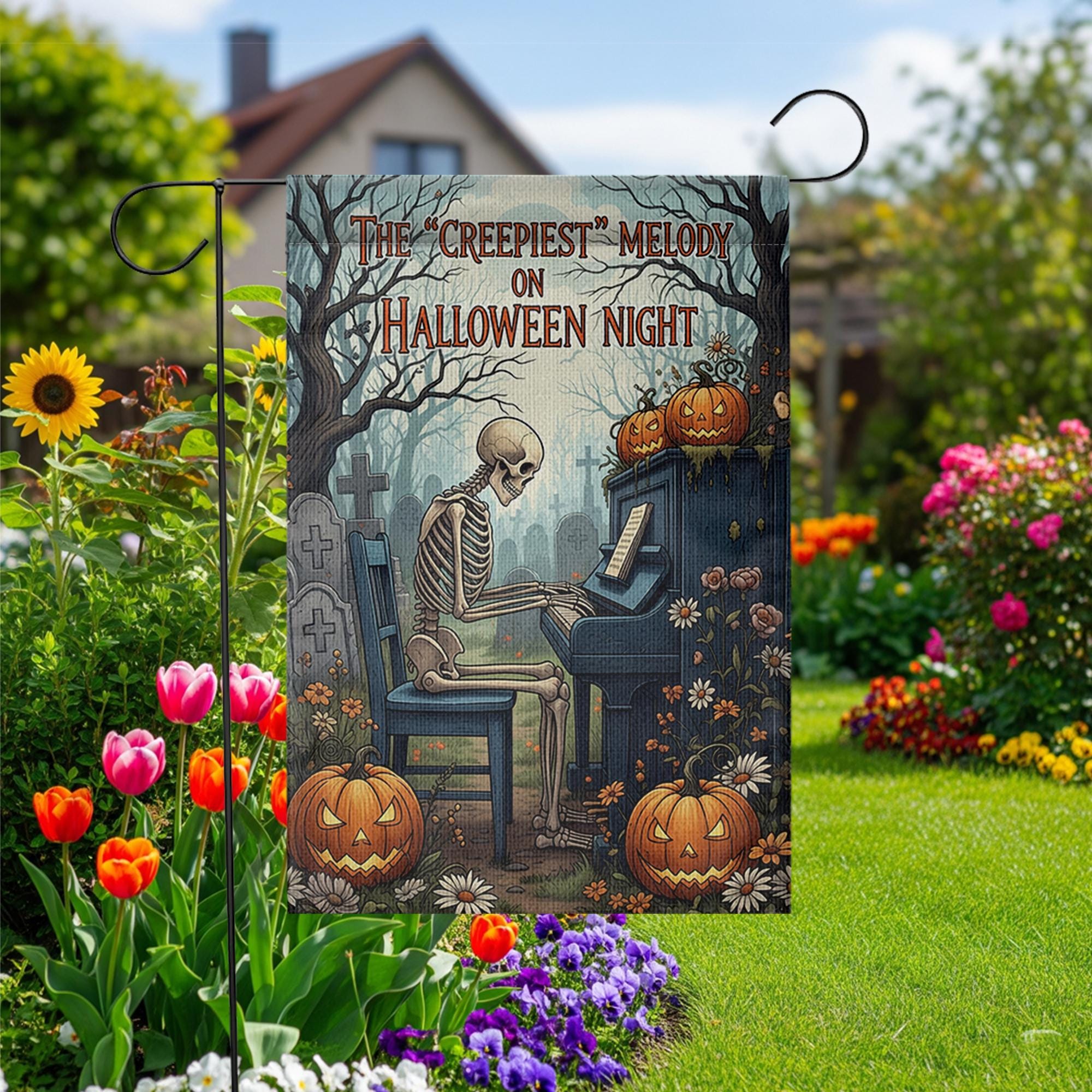 Creepiest Melody Garden Flag, Skeleton Playing Piano, Halloween Night Decor, Spooky Yard Art, Gothic Outdoor Banner, Unique Holiday Gift