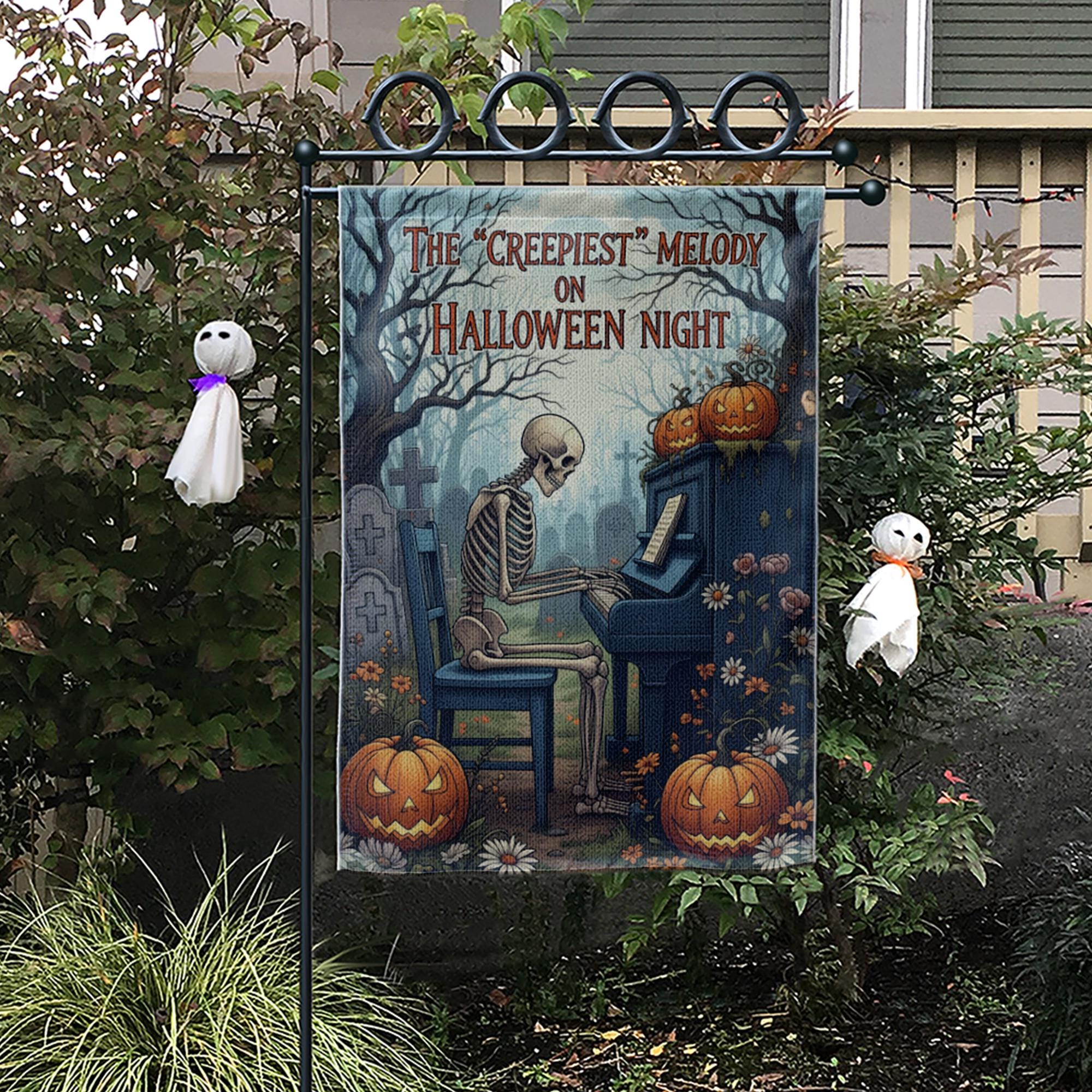 Creepiest Melody Garden Flag, Skeleton Playing Piano, Halloween Night Decor, Spooky Yard Art, Gothic Outdoor Banner, Unique Holiday Gift