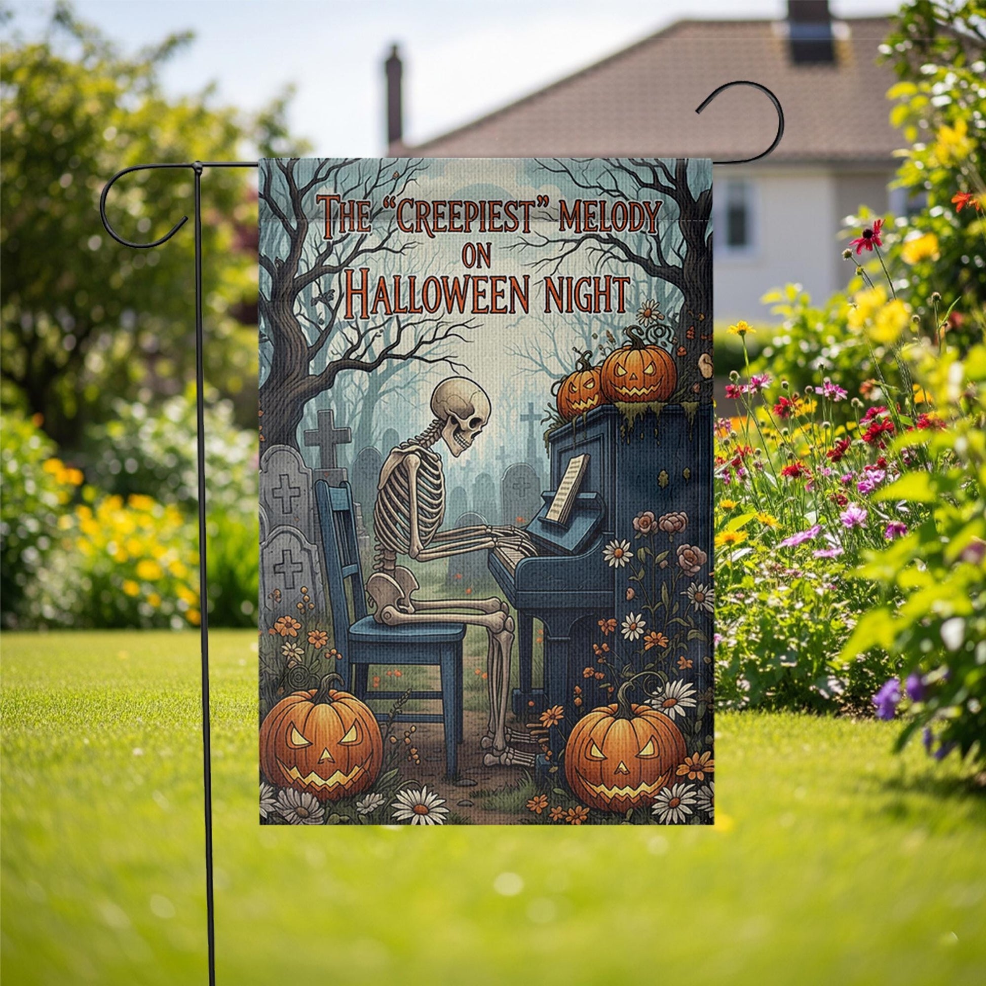 Creepiest Melody Garden Flag, Skeleton Playing Piano, Halloween Night Decor, Spooky Yard Art, Gothic Outdoor Banner, Unique Holiday Gift