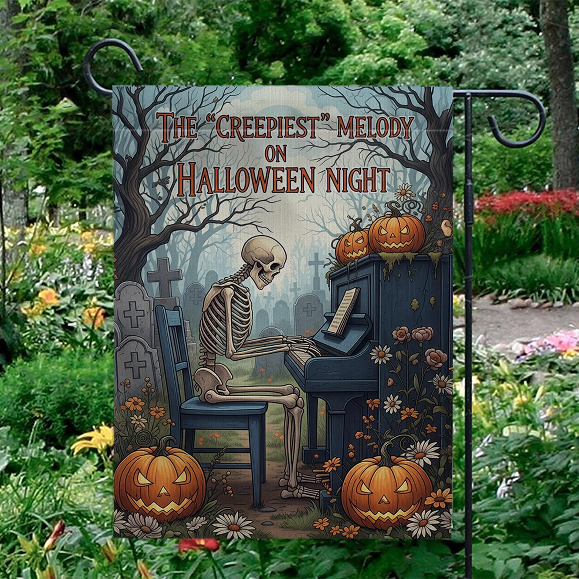 Creepiest Melody Garden Flag, Skeleton Playing Piano, Halloween Night Decor, Spooky Yard Art, Gothic Outdoor Banner, Unique Holiday Gift