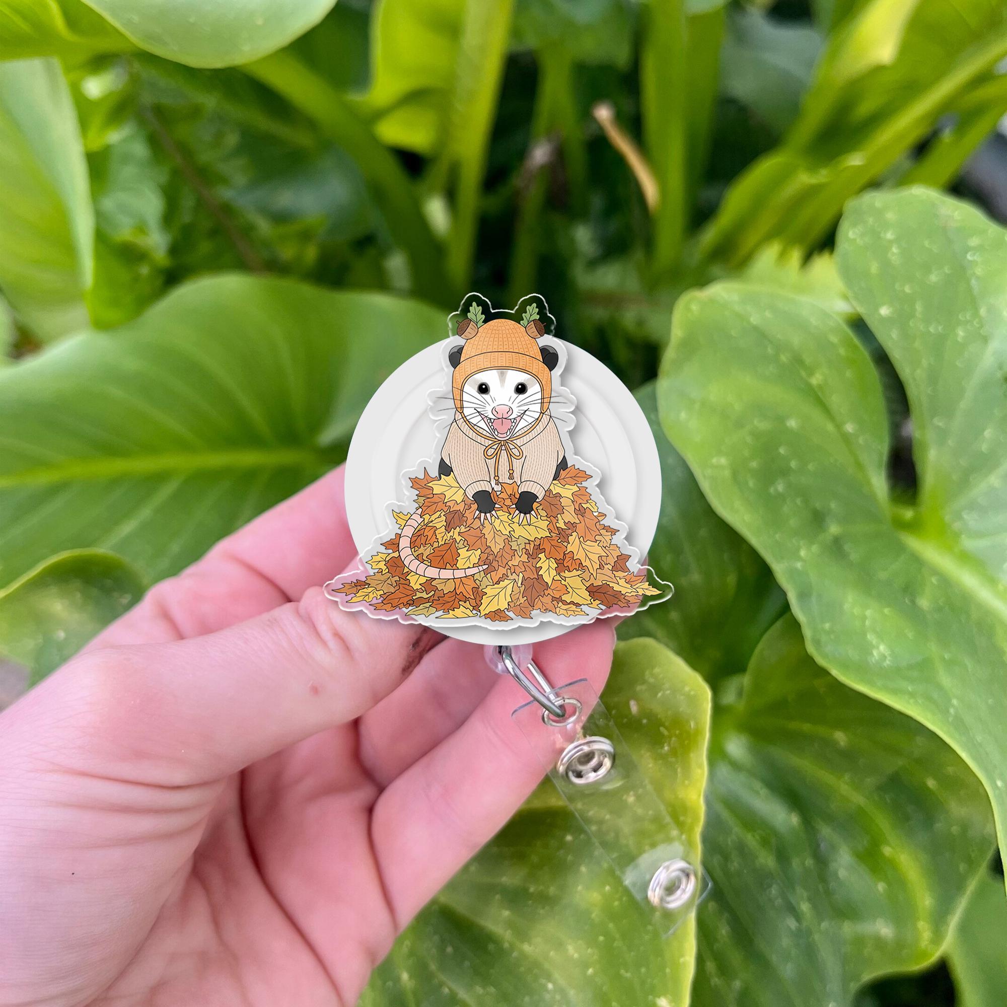 Cute Fall Opossum Badge Reel - Autumn Leaves Nurse ID Holder - Retractable Badge Clip for Medical Staff, Teachers, Vet Tech Gifts