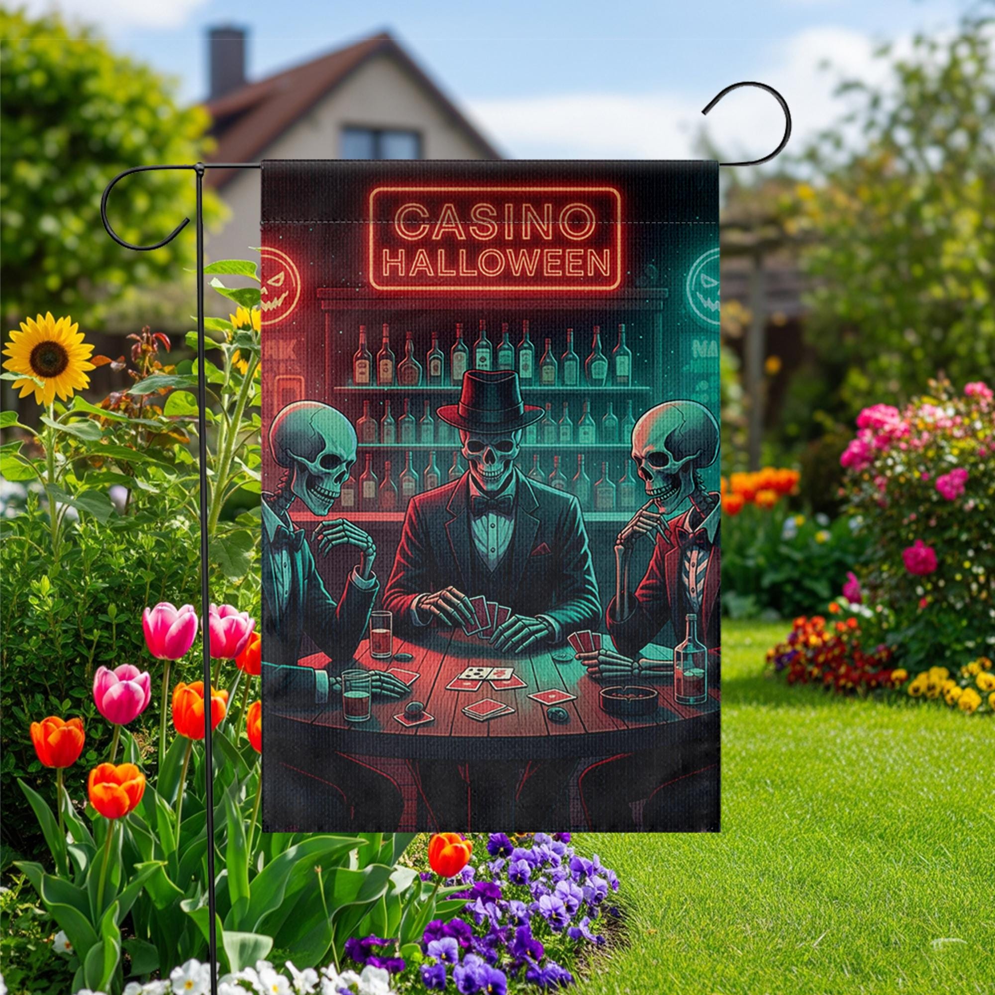 Casino Halloween Garden Flag, Poker Skeleton Decor, Spooky Bar Flag, Unique Outdoor Banner, Halloween Party Decor, Gothic Yard Art