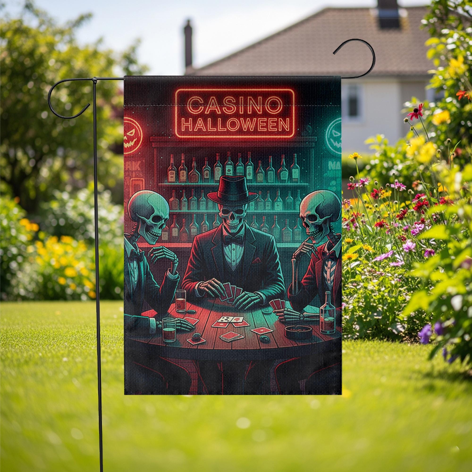 Casino Halloween Garden Flag, Poker Skeleton Decor, Spooky Bar Flag, Unique Outdoor Banner, Halloween Party Decor, Gothic Yard Art