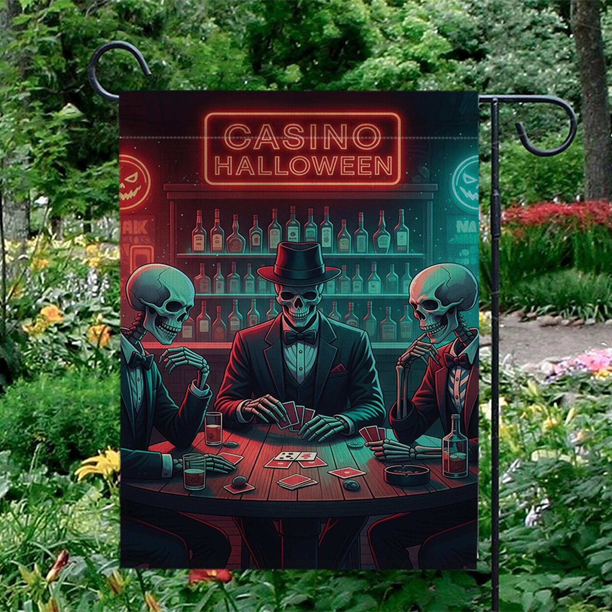 Casino Halloween Garden Flag, Poker Skeleton Decor, Spooky Bar Flag, Unique Outdoor Banner, Halloween Party Decor, Gothic Yard Art