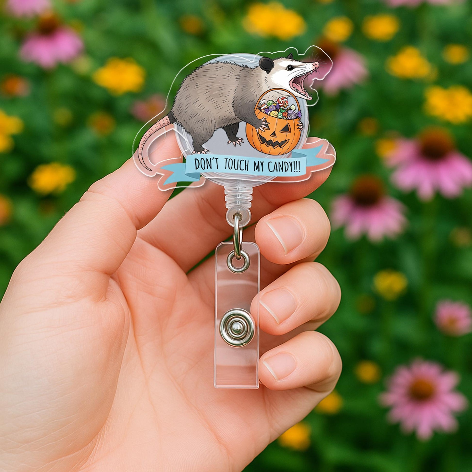 Funny Halloween Opossum Badge Reel - "Don't Touch My Candy" ID Holder - Cute Retractable Clip for Nurses, Teachers, Vet Techs
