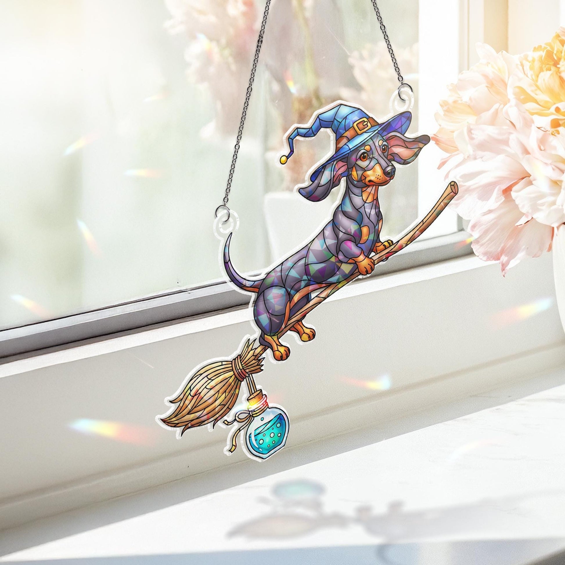 Halloween Dachshund Suncatcher, Witch Wiener Dog Window Hanging, Stained Glass Style Pet Decor, Fall Dachshund Gift