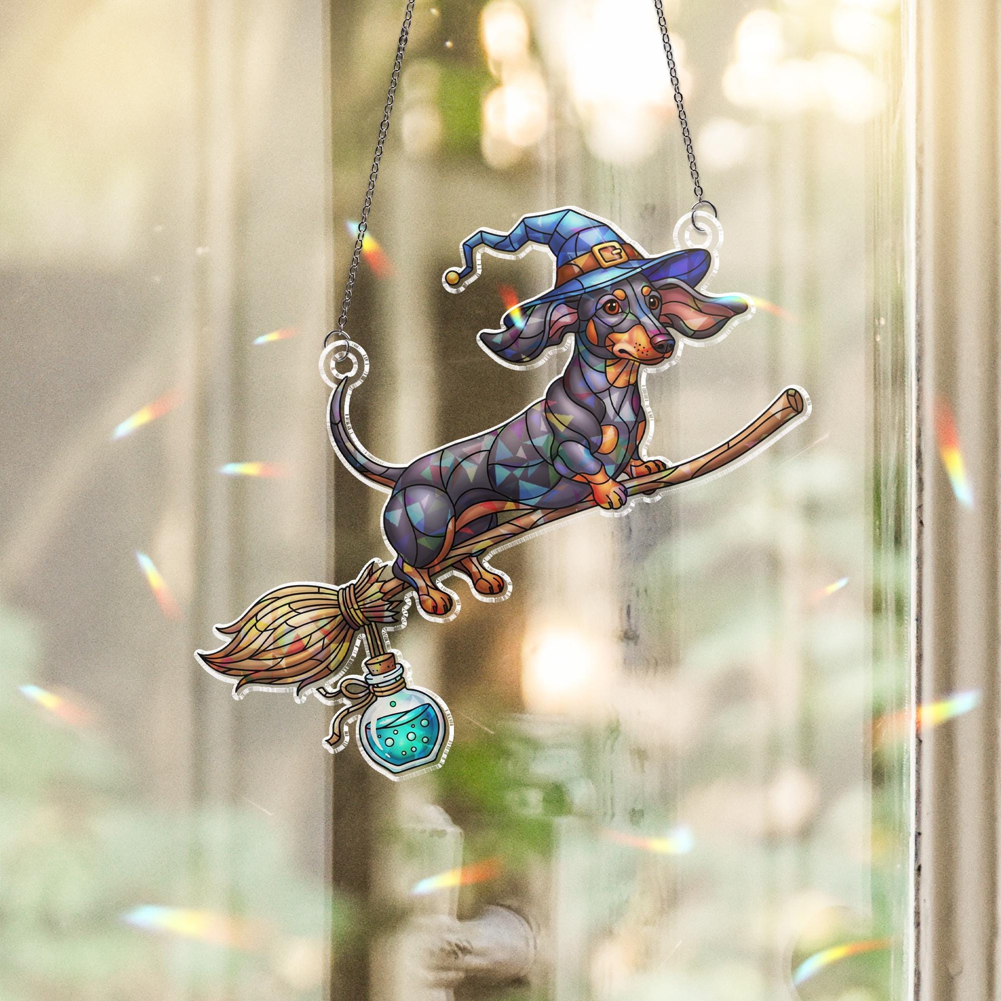 Halloween Dachshund Suncatcher, Witch Wiener Dog Window Hanging, Stained Glass Style Pet Decor, Fall Dachshund Gift