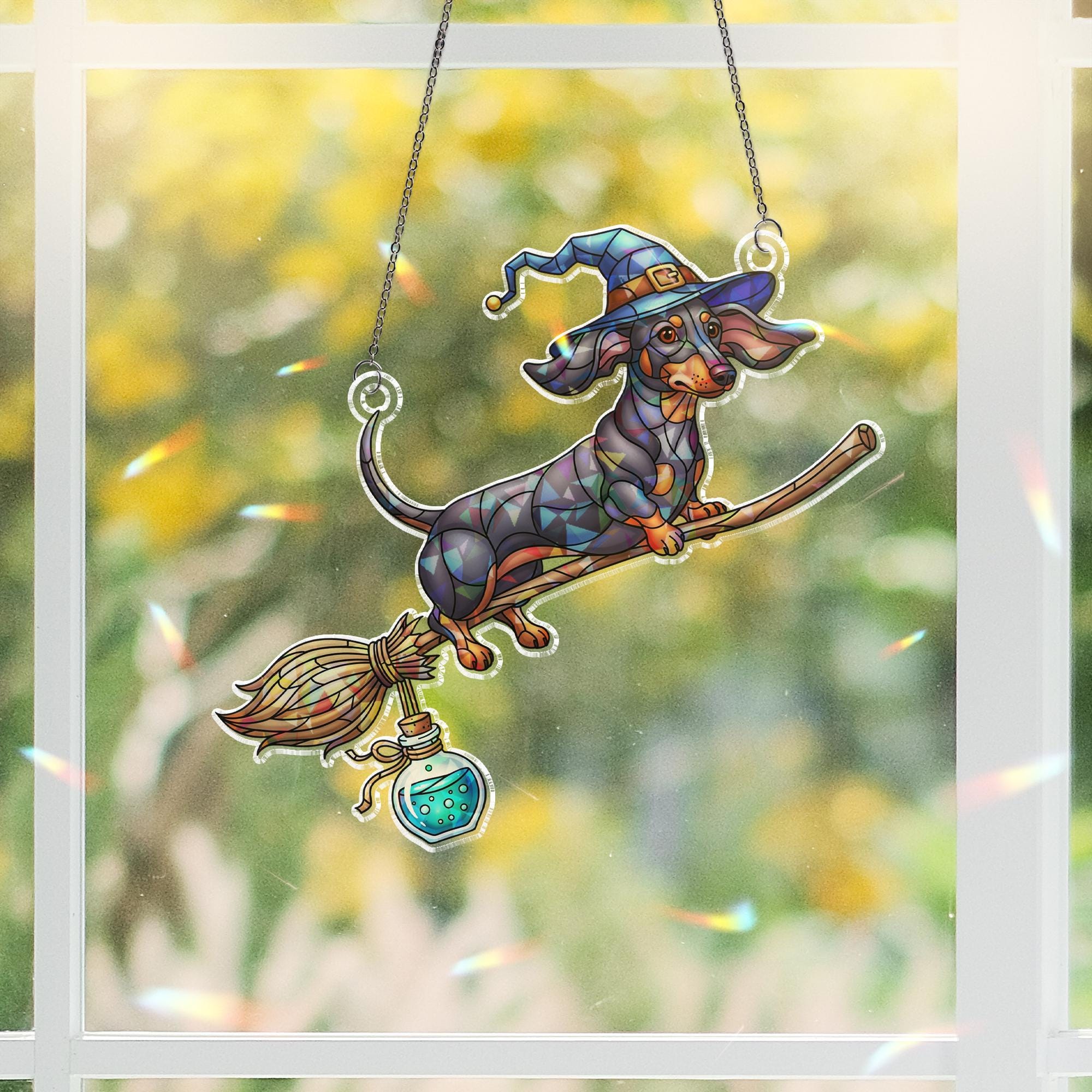 Halloween Dachshund Suncatcher, Witch Wiener Dog Window Hanging, Stained Glass Style Pet Decor, Fall Dachshund Gift
