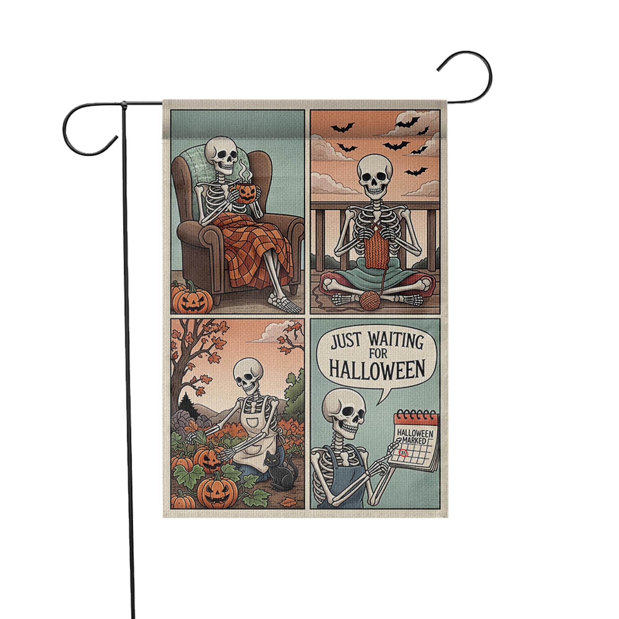 Funny Skeleton Halloween Garden Flag, Just Waiting for Halloween Yard Decor, Cute Skeleton Comic Banner, Autumn Outdoor Flag