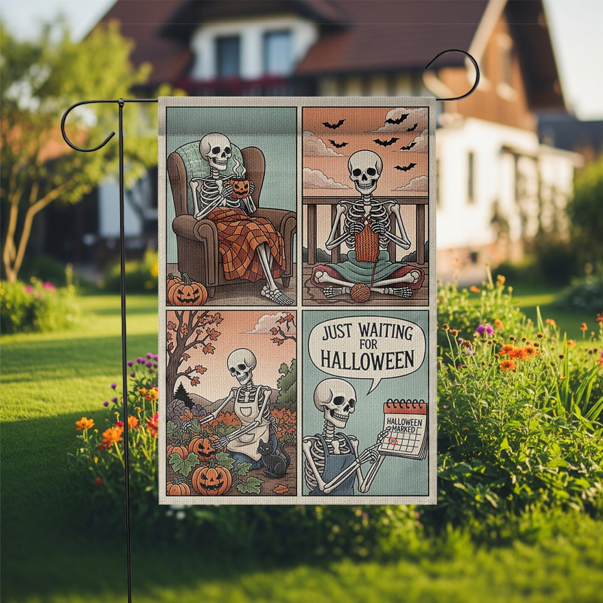 Funny Skeleton Halloween Garden Flag, Just Waiting for Halloween Yard Decor, Cute Skeleton Comic Banner, Autumn Outdoor Flag