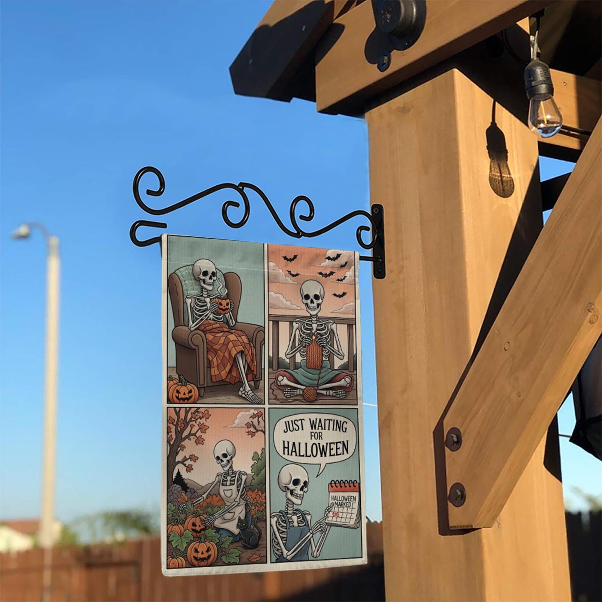 Funny Skeleton Halloween Garden Flag, Just Waiting for Halloween Yard Decor, Cute Skeleton Comic Banner, Autumn Outdoor Flag
