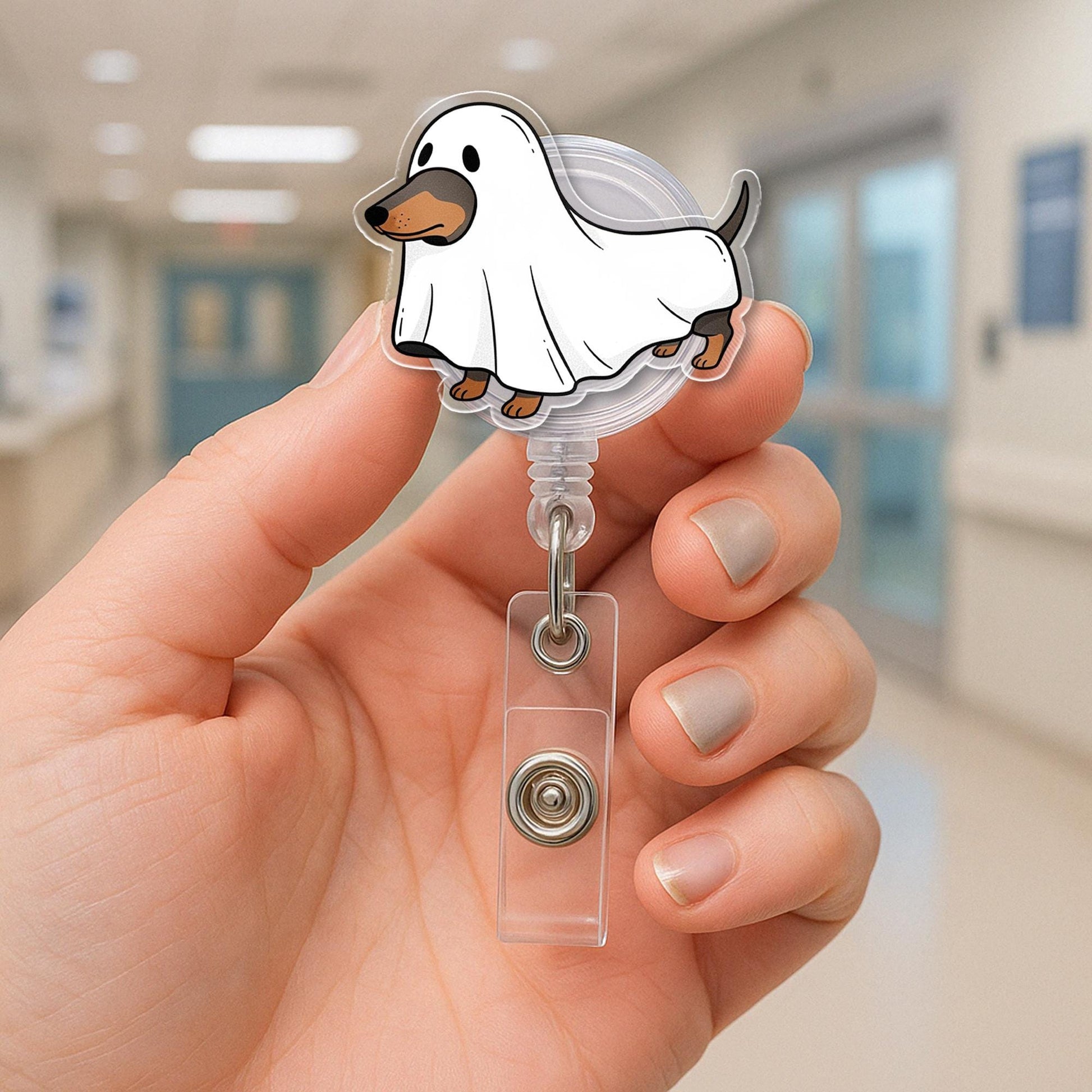 Ghost Dog Halloween Badge Reel - Cute Dachshund ID Holder for Nurses, Vet Techs, Teachers - Spooky Retractable Badge Clip Gift