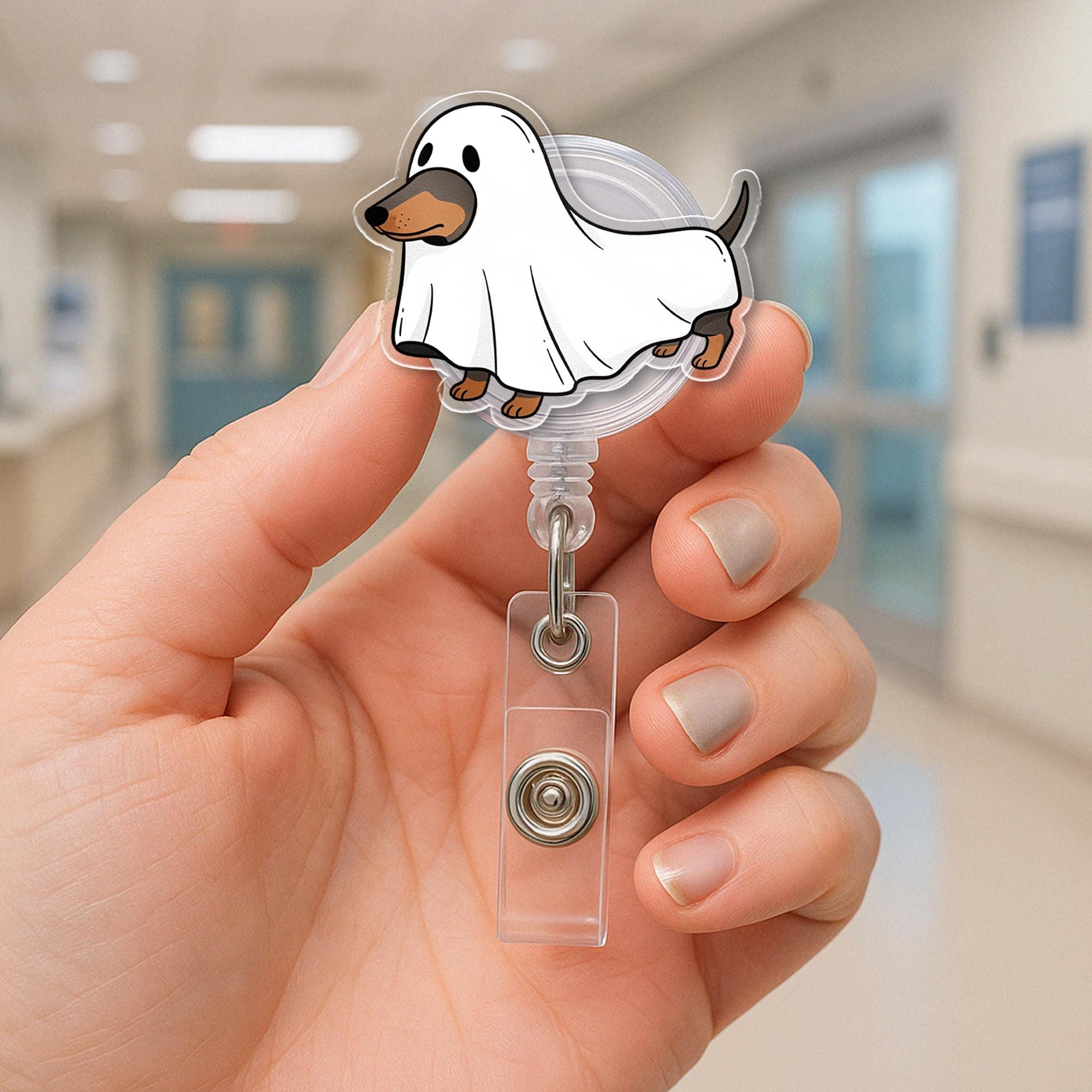 Ghost Dog Halloween Badge Reel - Cute Dachshund ID Holder for Nurses, Vet Techs, Teachers - Spooky Retractable Badge Clip Gift
