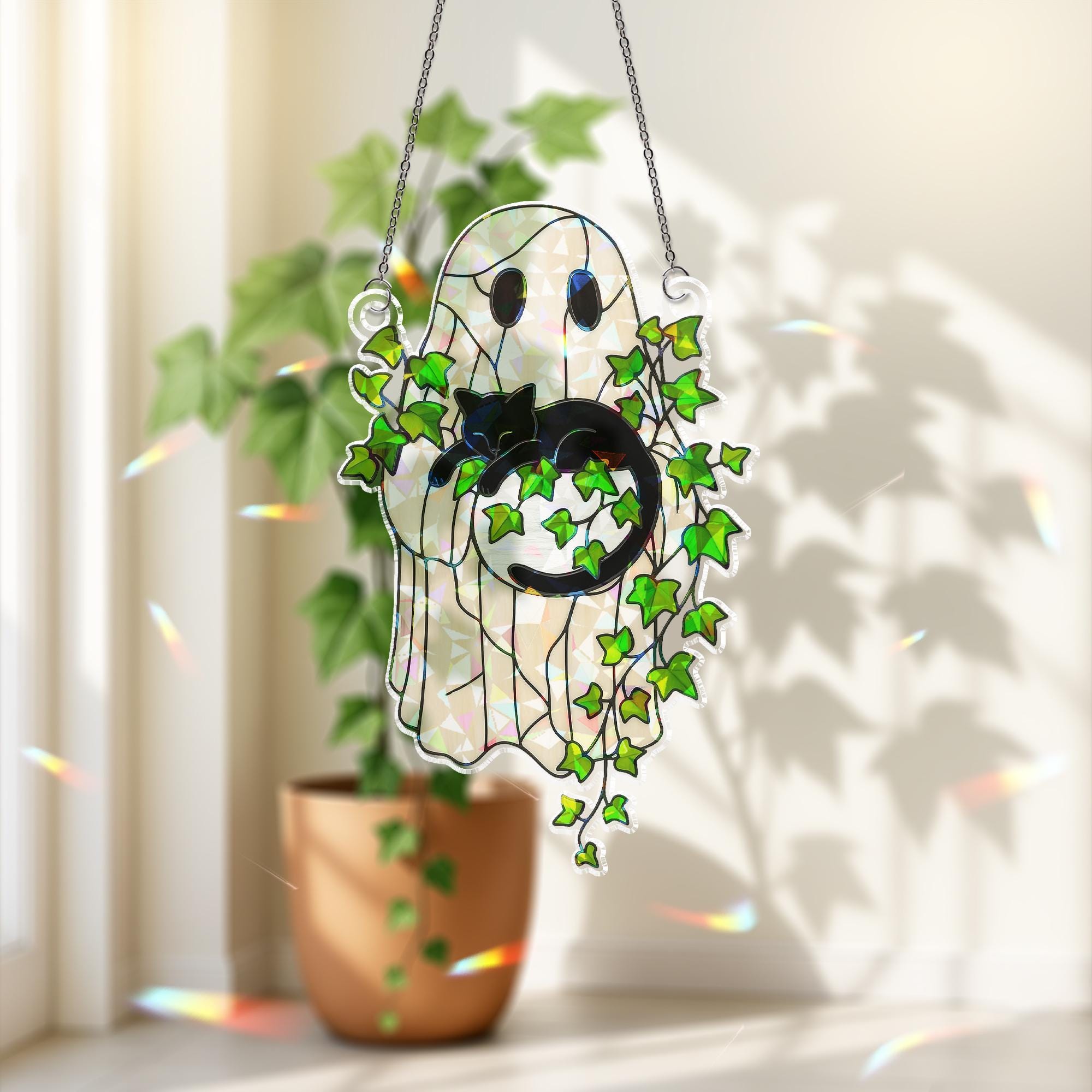 Ghost Holding Black Cat Sleeping on Ivy Hologram Ornament, Cat ACRYLIC Window Hanging, Plant Lover Gift, Ivy Plants, Cat Decor, Gift For Mom