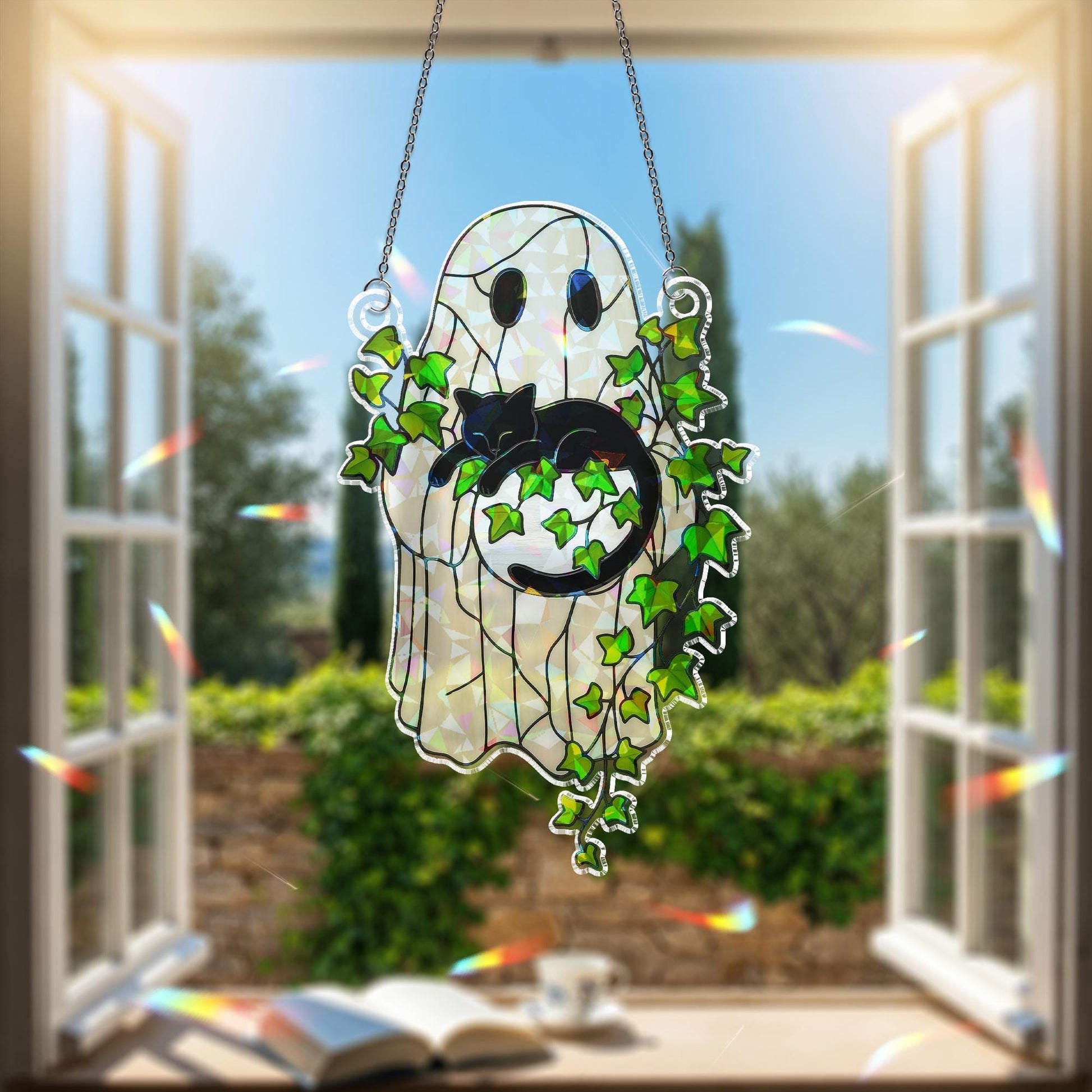 Ghost Holding Black Cat Sleeping on Ivy Hologram Ornament, Cat ACRYLIC Window Hanging, Plant Lover Gift, Ivy Plants, Cat Decor, Gift For Mom