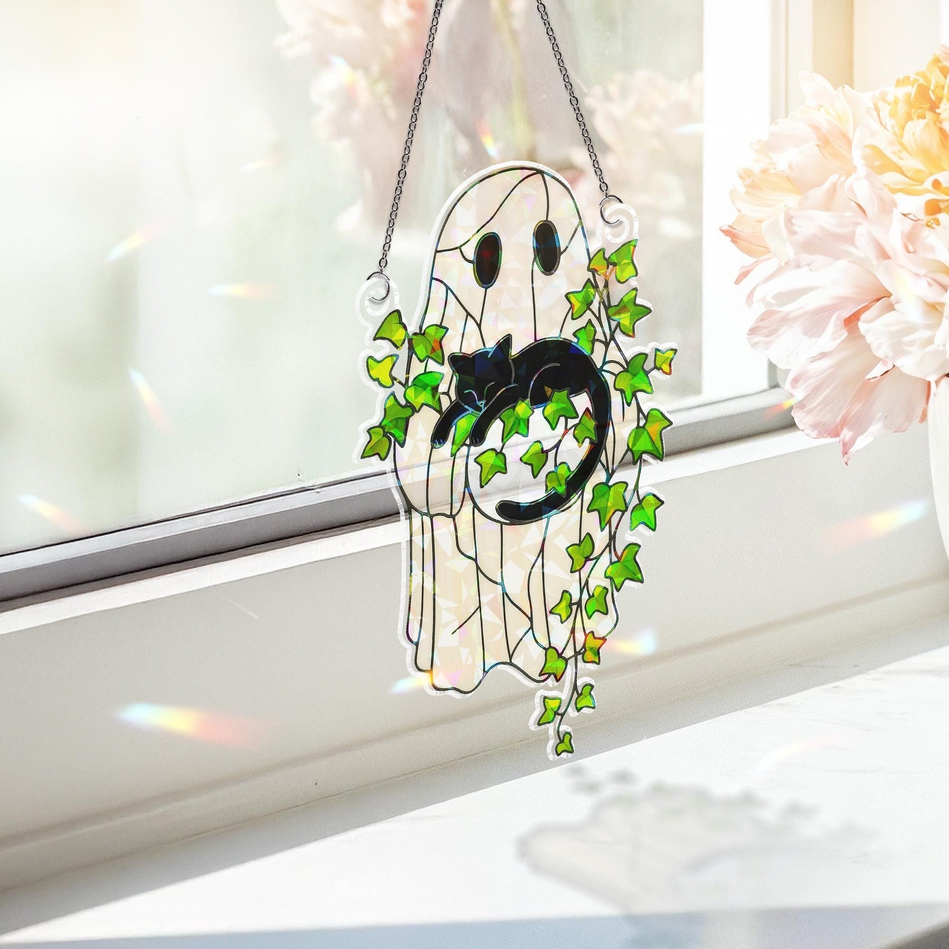 Ghost Holding Black Cat Sleeping on Ivy Hologram Ornament, Cat ACRYLIC Window Hanging, Plant Lover Gift, Ivy Plants, Cat Decor, Gift For Mom