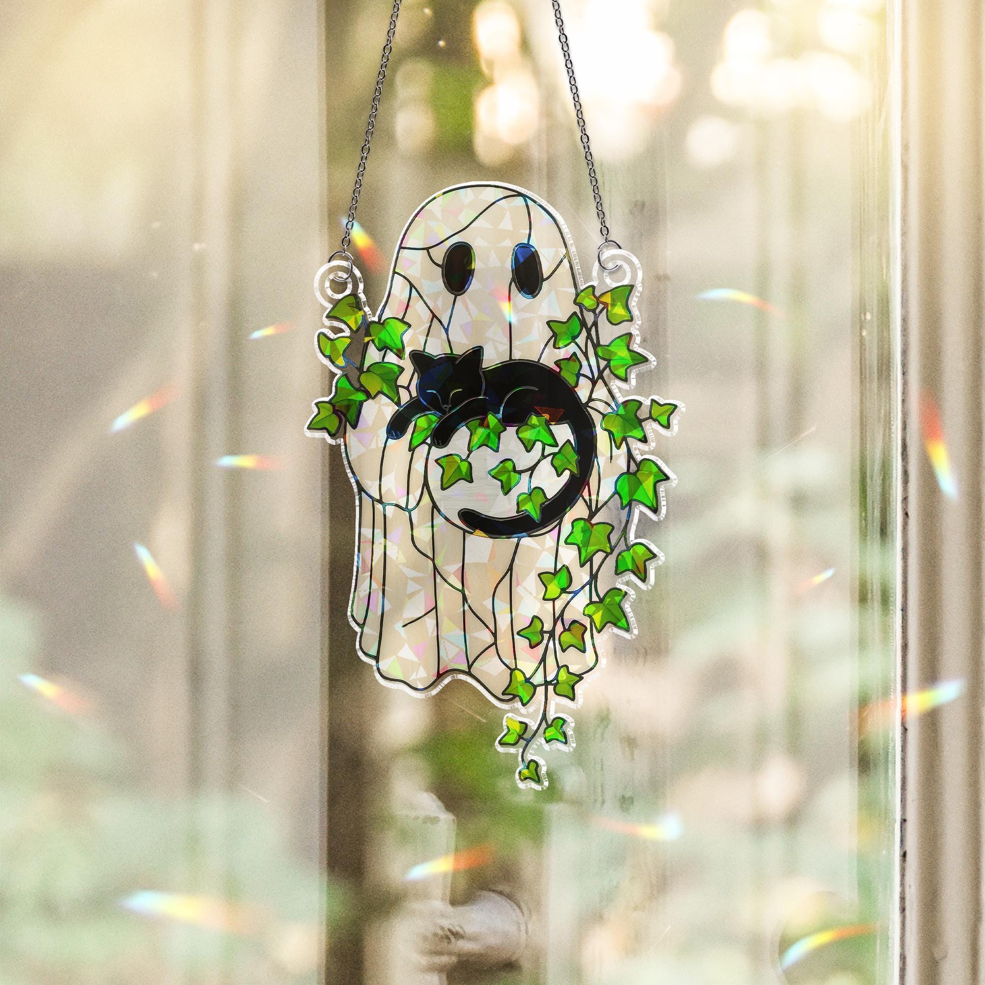 Ghost Holding Black Cat Sleeping on Ivy Hologram Ornament, Cat ACRYLIC Window Hanging, Plant Lover Gift, Ivy Plants, Cat Decor, Gift For Mom
