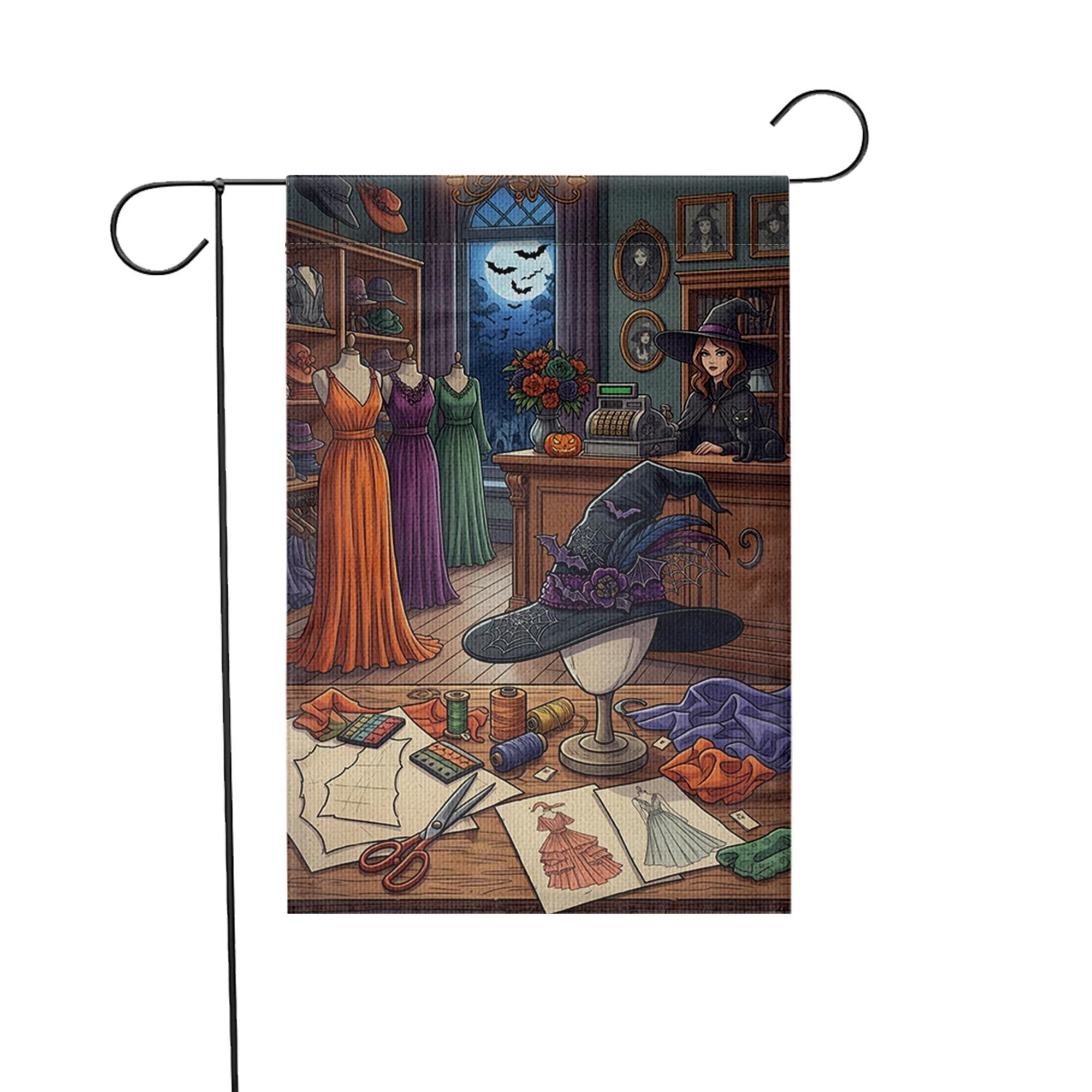 Witch Sewing Room Halloween Garden Flag, Spooky Dressmaker Yard Decor, Witch Hat and Dresses Fall Porch Decoration