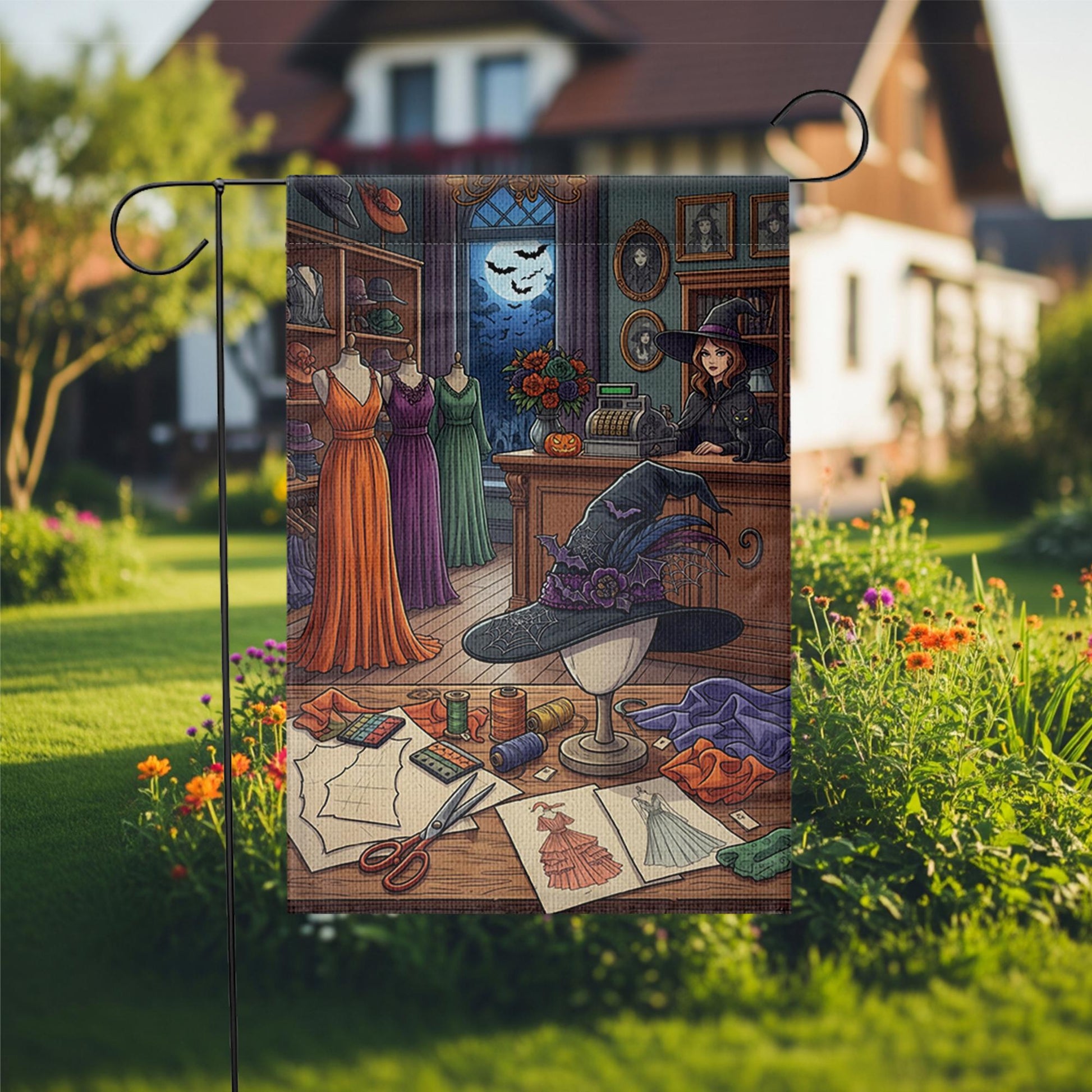 Witch Sewing Room Halloween Garden Flag, Spooky Dressmaker Yard Decor, Witch Hat and Dresses Fall Porch Decoration