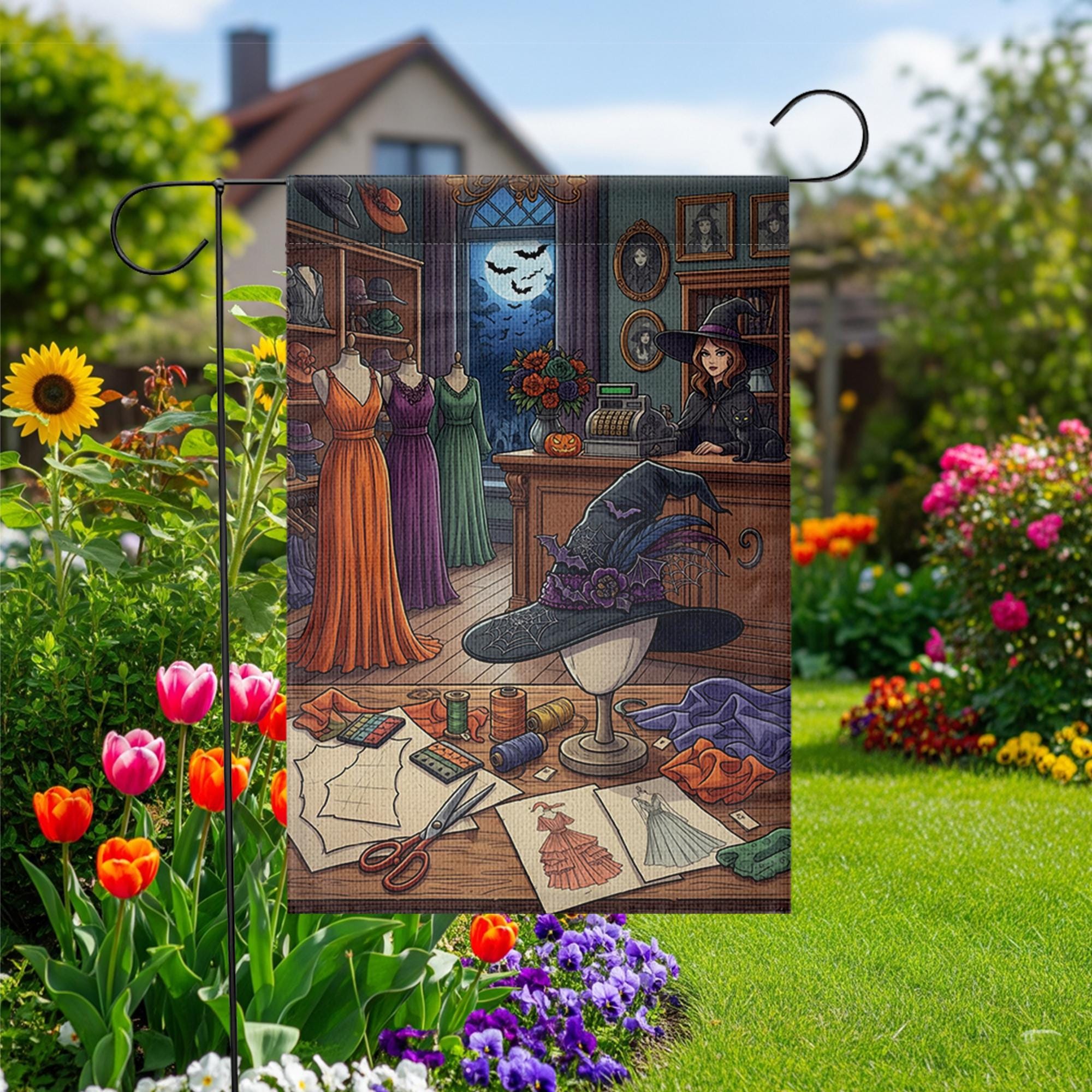 Witch Sewing Room Halloween Garden Flag, Spooky Dressmaker Yard Decor, Witch Hat and Dresses Fall Porch Decoration