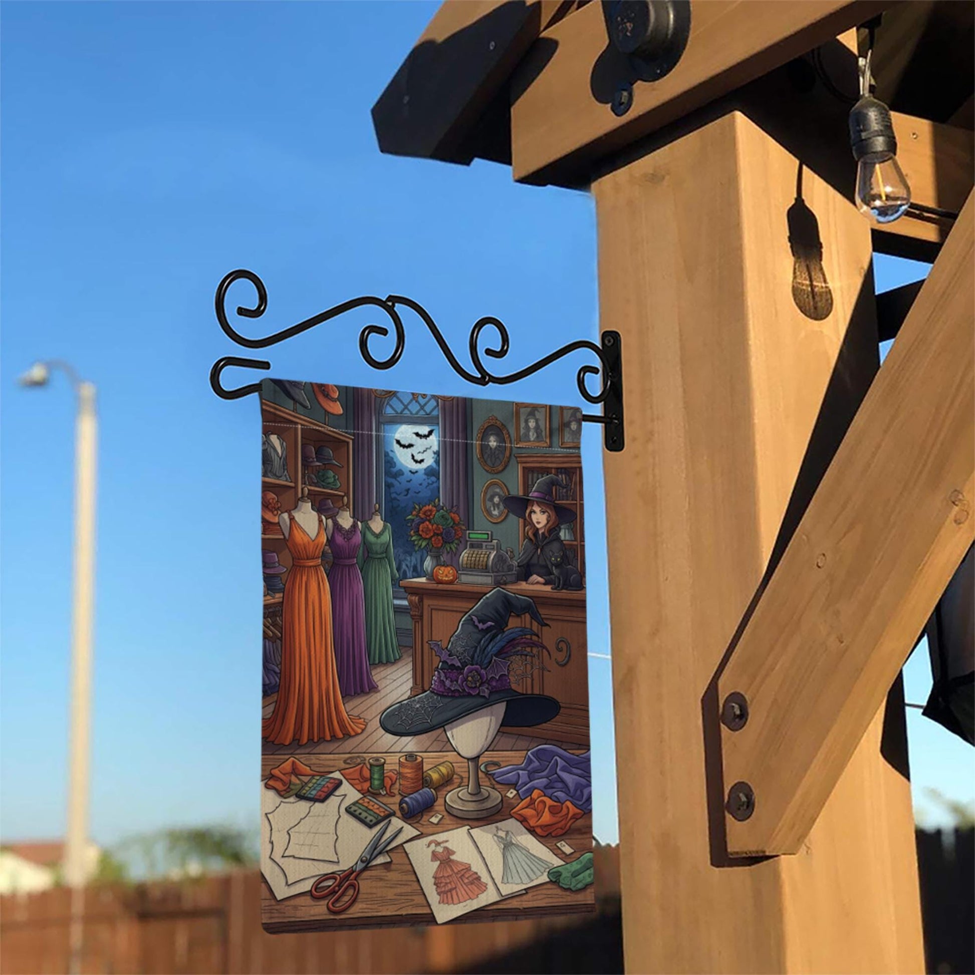 Witch Sewing Room Halloween Garden Flag, Spooky Dressmaker Yard Decor, Witch Hat and Dresses Fall Porch Decoration