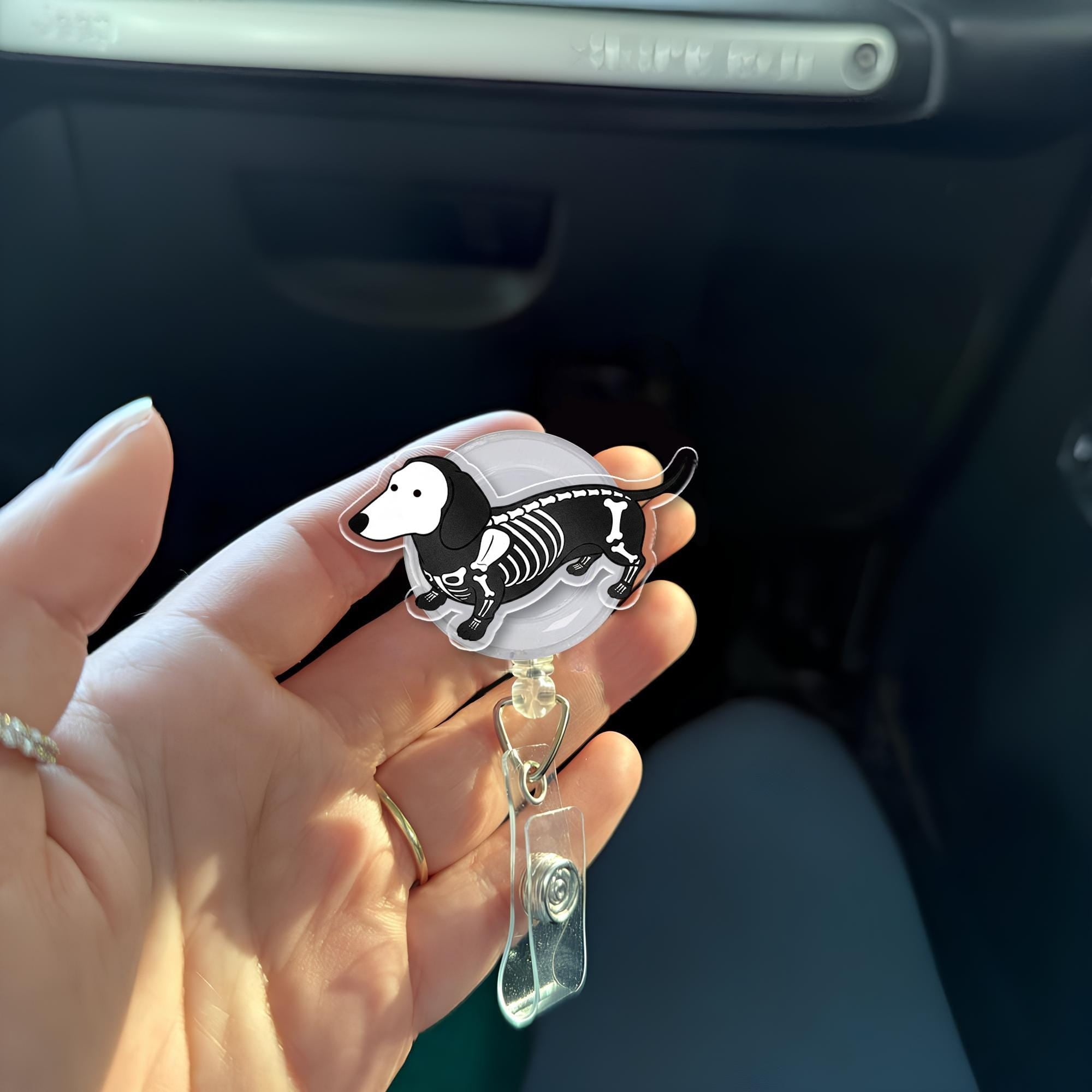 Skeleton Dog Badge Reel - Halloween Dachshund ID Holder - Spooky Cute Retractable Badge Clip for Nurses, Vet Techs, Dog Lovers