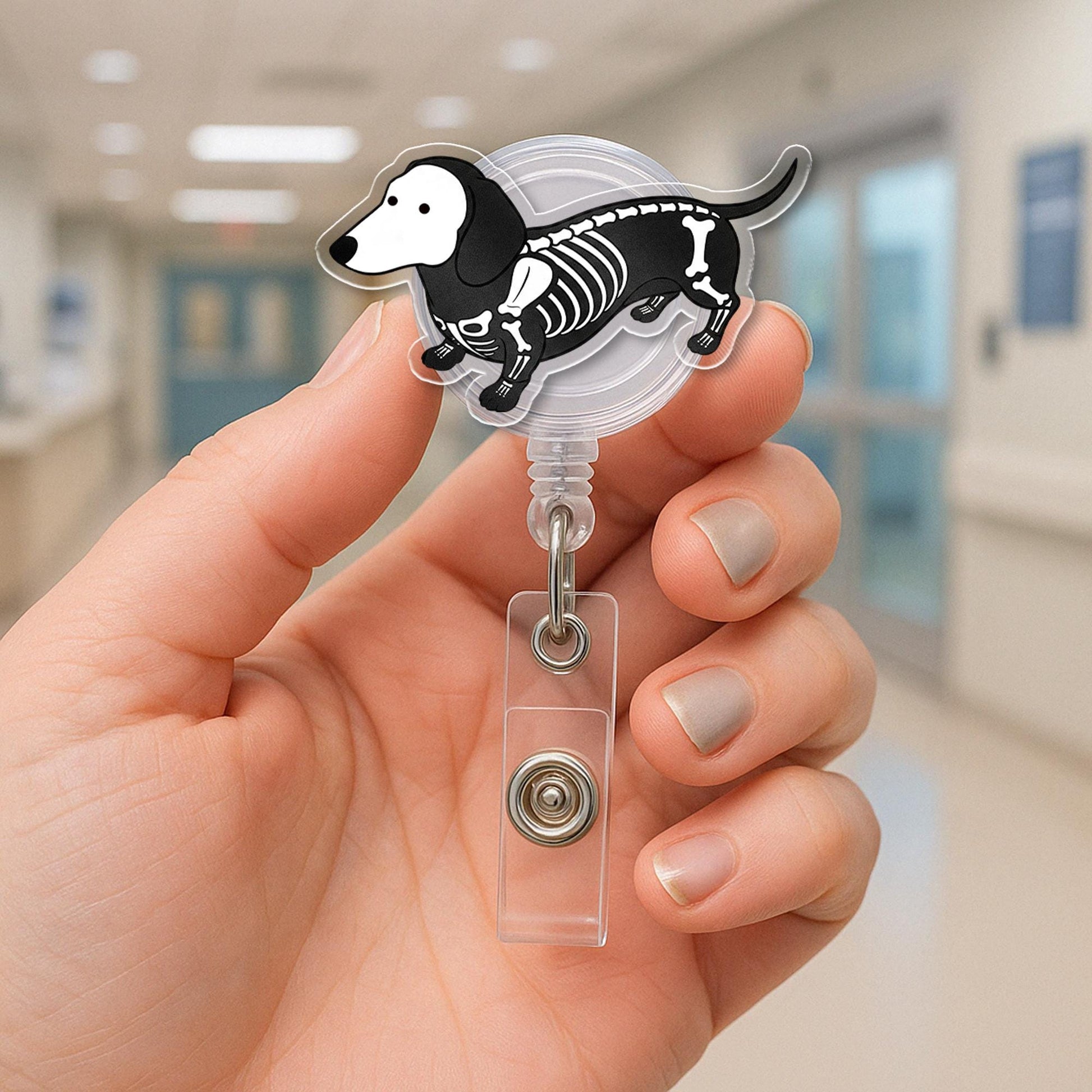 Skeleton Dog Badge Reel - Halloween Dachshund ID Holder - Spooky Cute Retractable Badge Clip for Nurses, Vet Techs, Dog Lovers