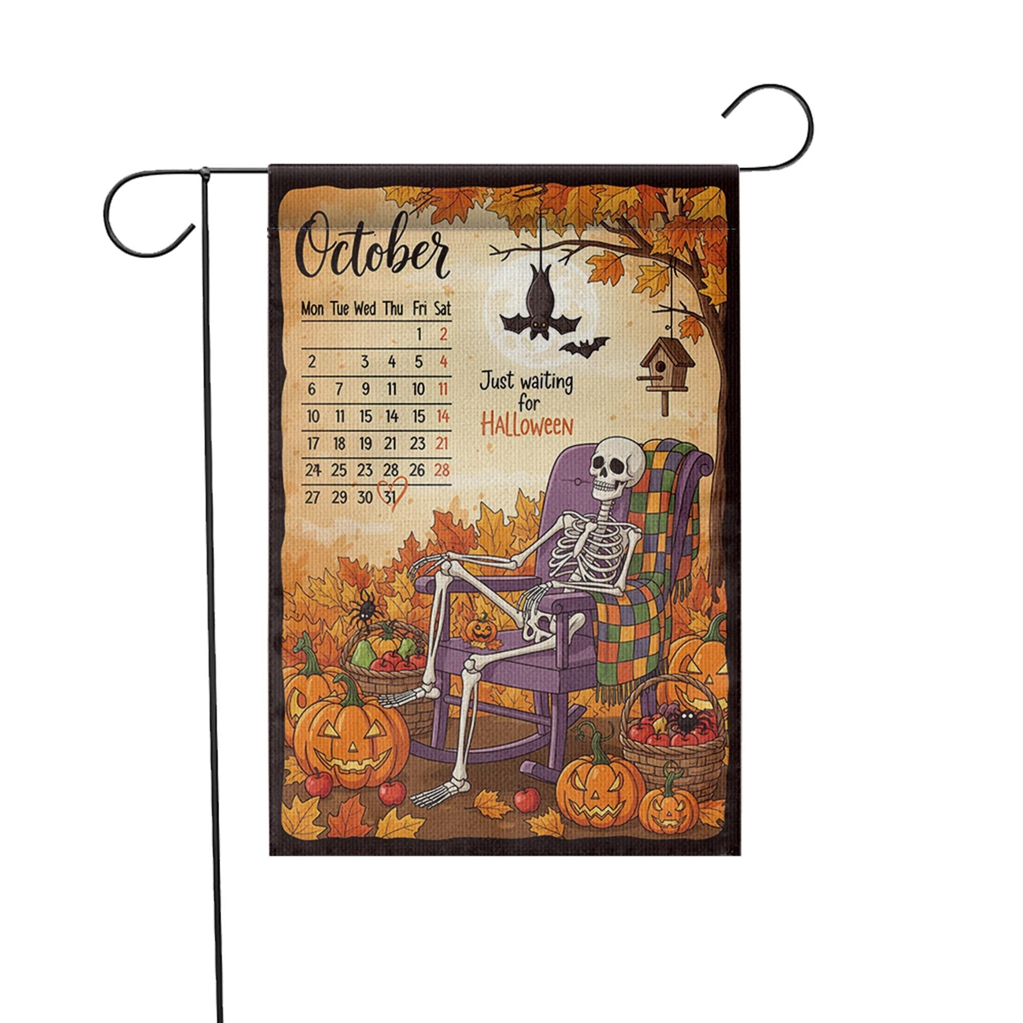 Halloween Countdown Garden Flag, October Calendar Skeleton Yard Decor, Spooky Fall Porch Decoration, Just Waiting for Halloween Outdoor Flag