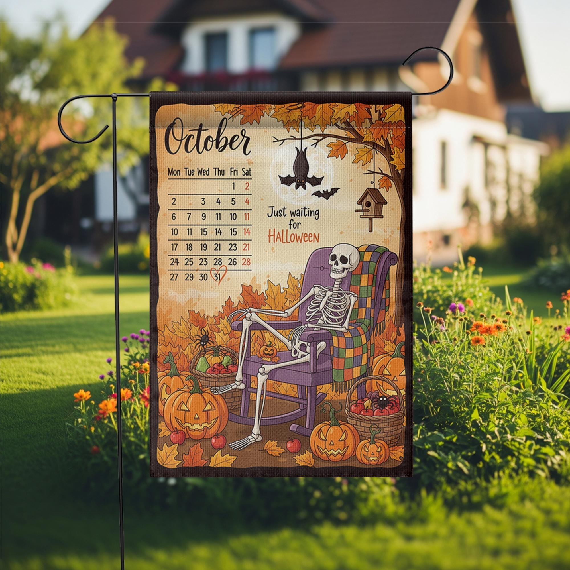 Halloween Countdown Garden Flag, October Calendar Skeleton Yard Decor, Spooky Fall Porch Decoration, Just Waiting for Halloween Outdoor Flag