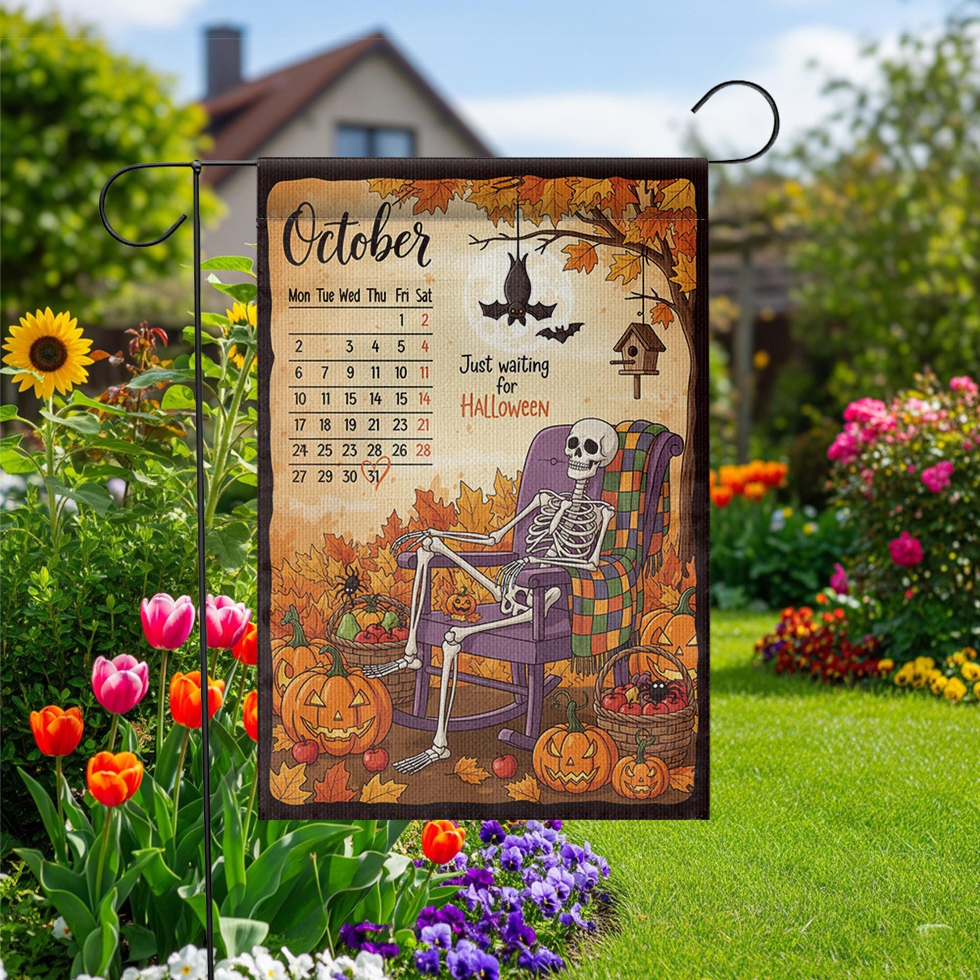 Halloween Countdown Garden Flag, October Calendar Skeleton Yard Decor, Spooky Fall Porch Decoration, Just Waiting for Halloween Outdoor Flag