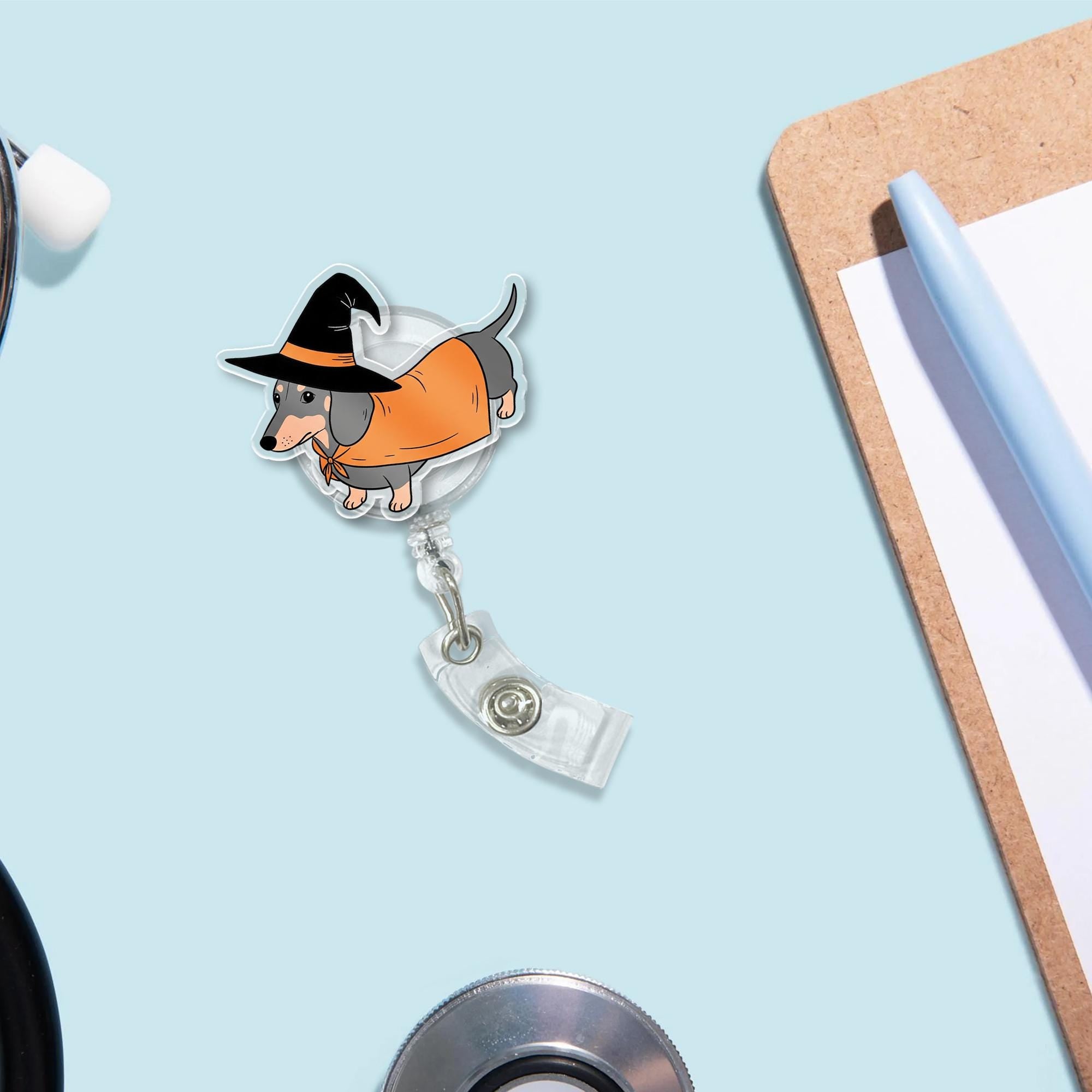 Witch Dachshund Halloween Badge Reel - Cute Dog ID Holder - Spooky Retractable Badge Clip for Nurses, Teachers, Vet Tech Gifts