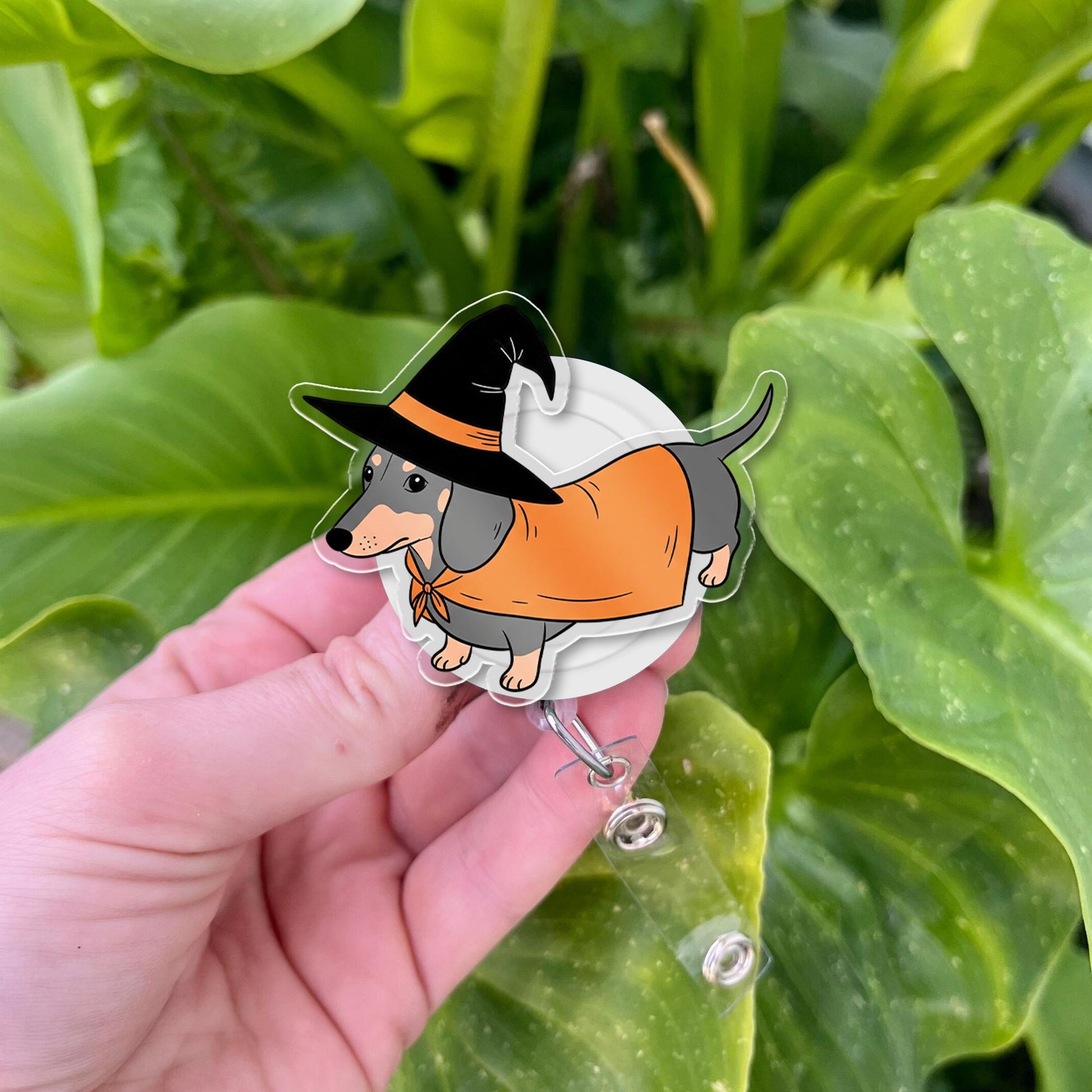 Witch Dachshund Halloween Badge Reel - Cute Dog ID Holder - Spooky Retractable Badge Clip for Nurses, Teachers, Vet Tech Gifts