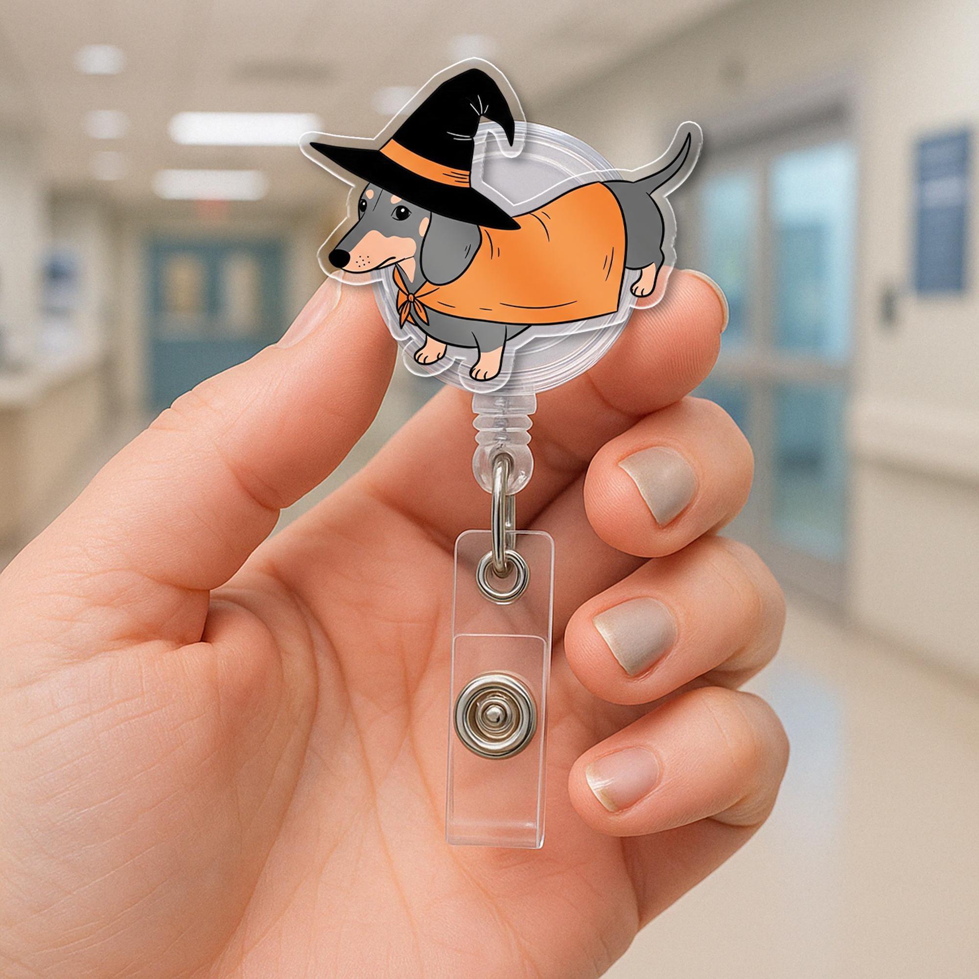 Witch Dachshund Halloween Badge Reel - Cute Dog ID Holder - Spooky Retractable Badge Clip for Nurses, Teachers, Vet Tech Gifts