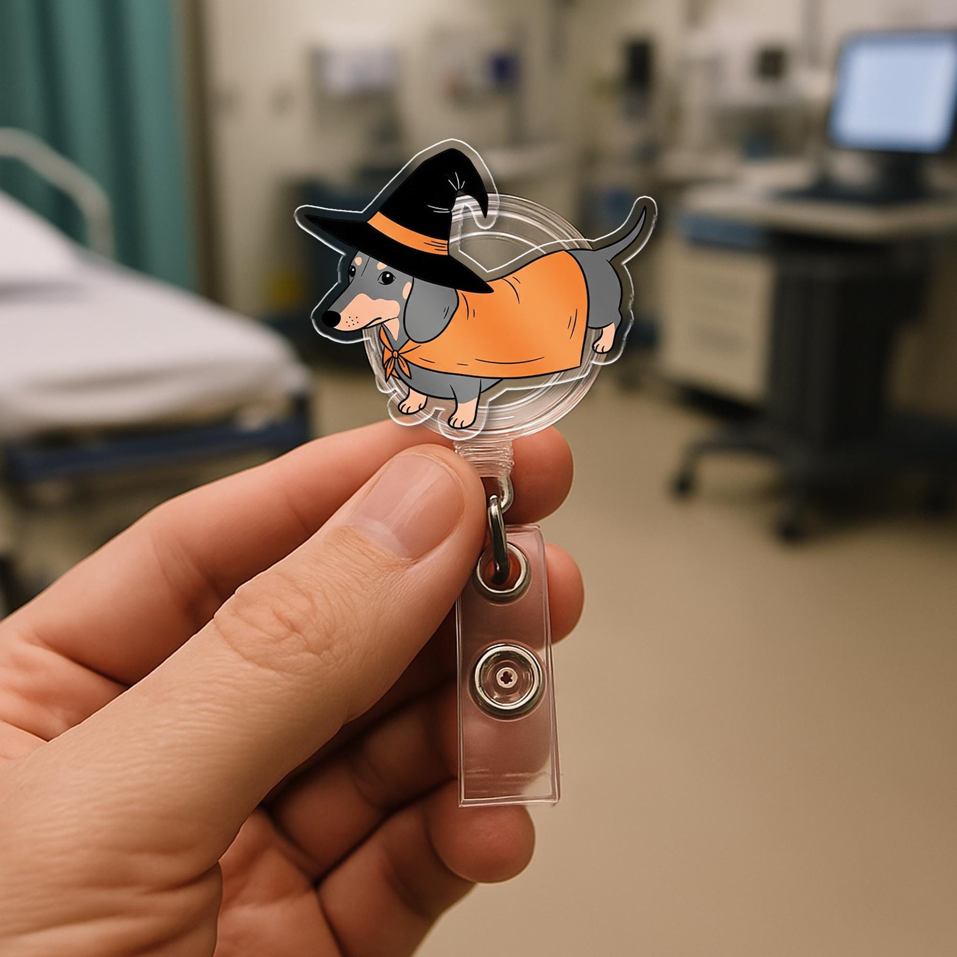 Witch Dachshund Halloween Badge Reel - Cute Dog ID Holder - Spooky Retractable Badge Clip for Nurses, Teachers, Vet Tech Gifts