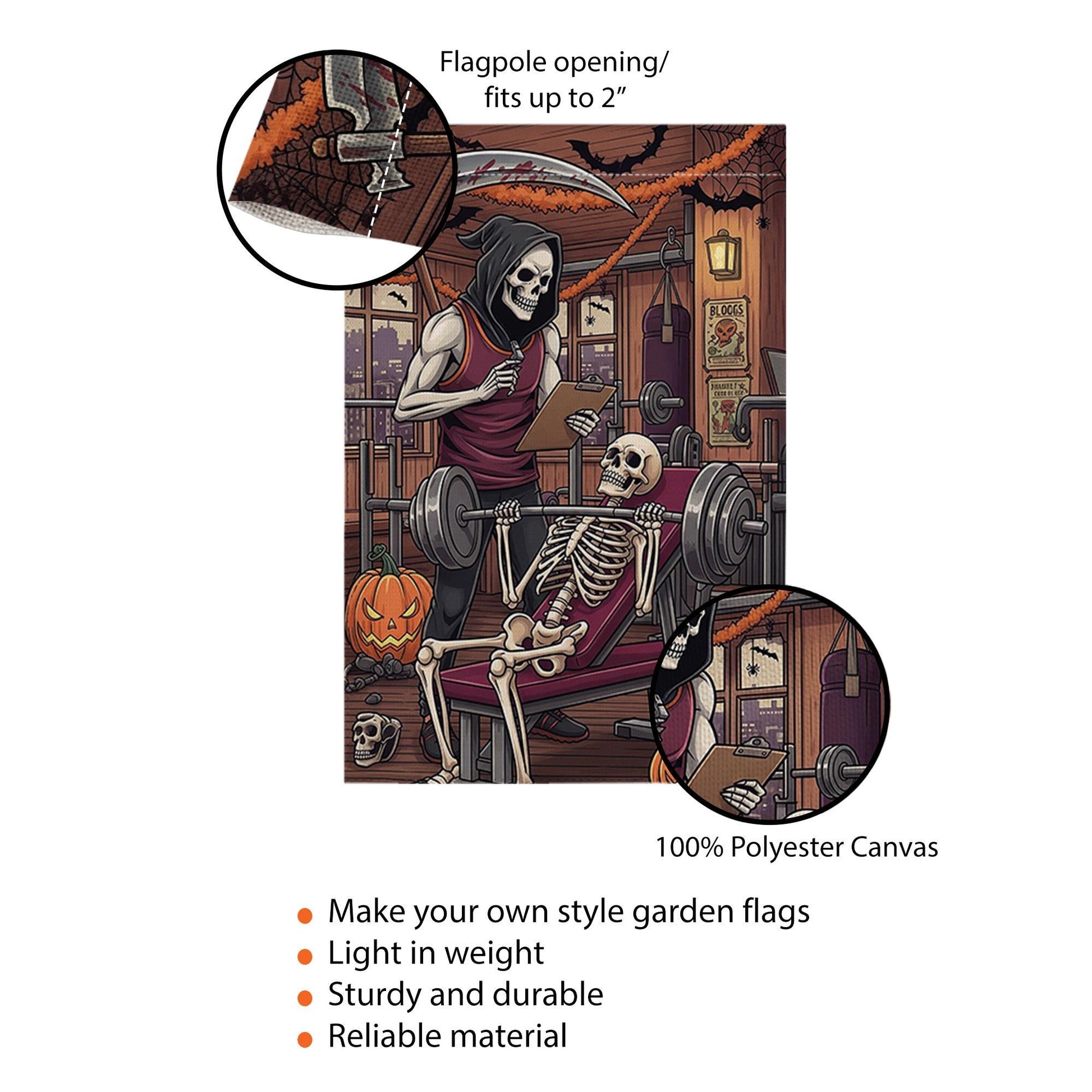 Skeleton Gym Halloween Garden Flag, Funny Weightlifting Yard Decor, Grim Reaper Trainer Fall Porch Decoration, Spooky Workout Outdoor Banner