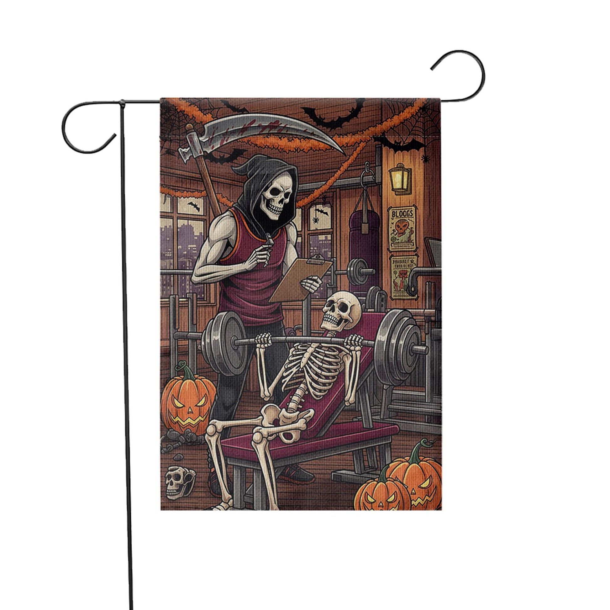 Skeleton Gym Halloween Garden Flag, Funny Weightlifting Yard Decor, Grim Reaper Trainer Fall Porch Decoration, Spooky Workout Outdoor Banner