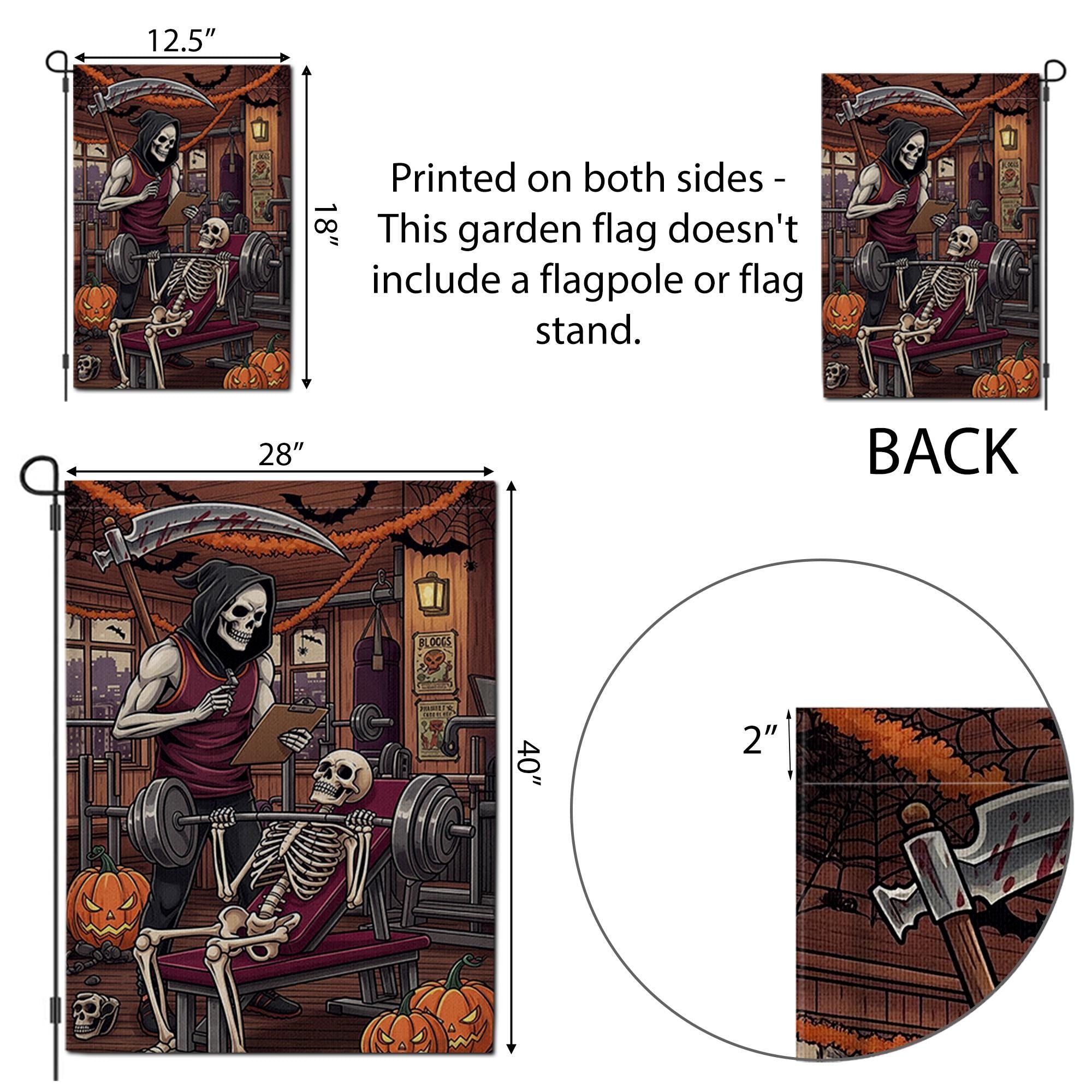 Skeleton Gym Halloween Garden Flag, Funny Weightlifting Yard Decor, Grim Reaper Trainer Fall Porch Decoration, Spooky Workout Outdoor Banner