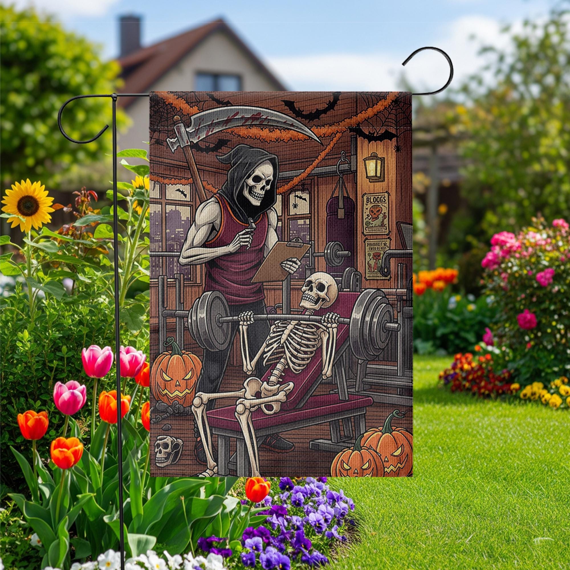 Skeleton Gym Halloween Garden Flag, Funny Weightlifting Yard Decor, Grim Reaper Trainer Fall Porch Decoration, Spooky Workout Outdoor Banner