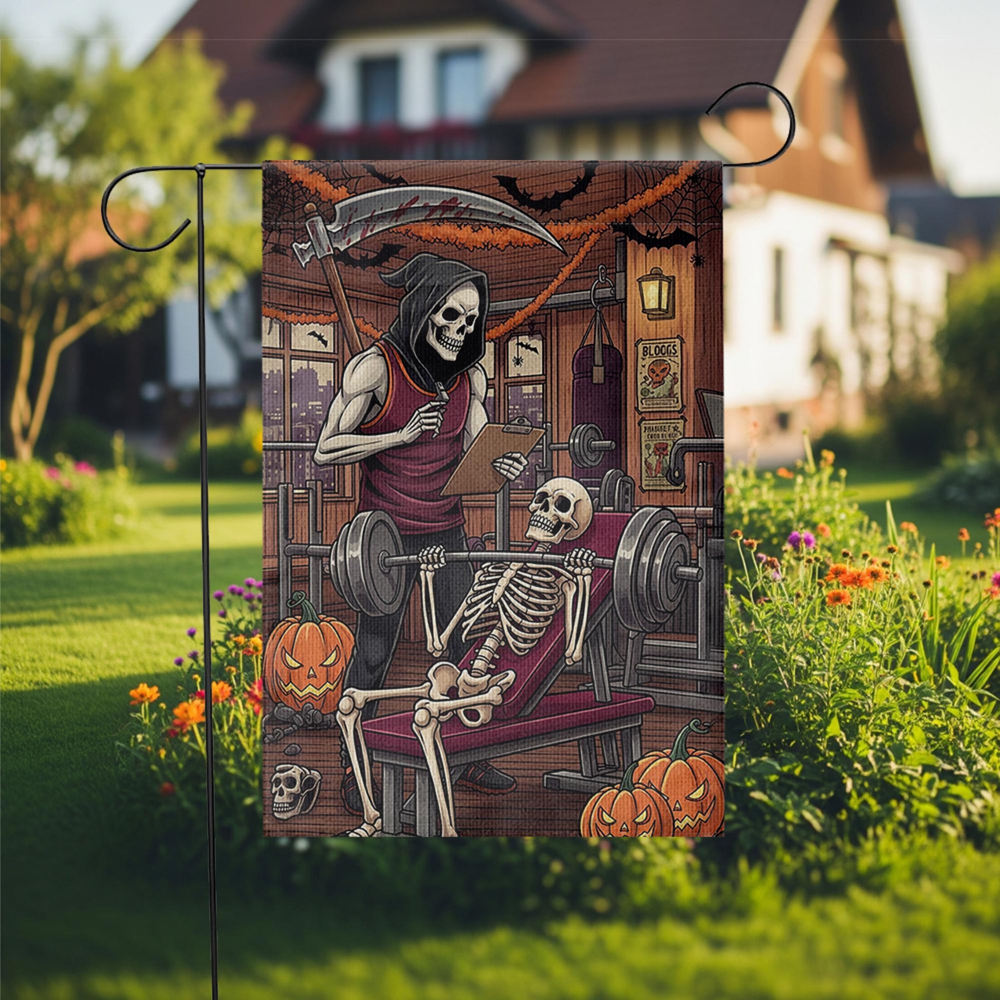 Skeleton Gym Halloween Garden Flag, Funny Weightlifting Yard Decor, Grim Reaper Trainer Fall Porch Decoration, Spooky Workout Outdoor Banner