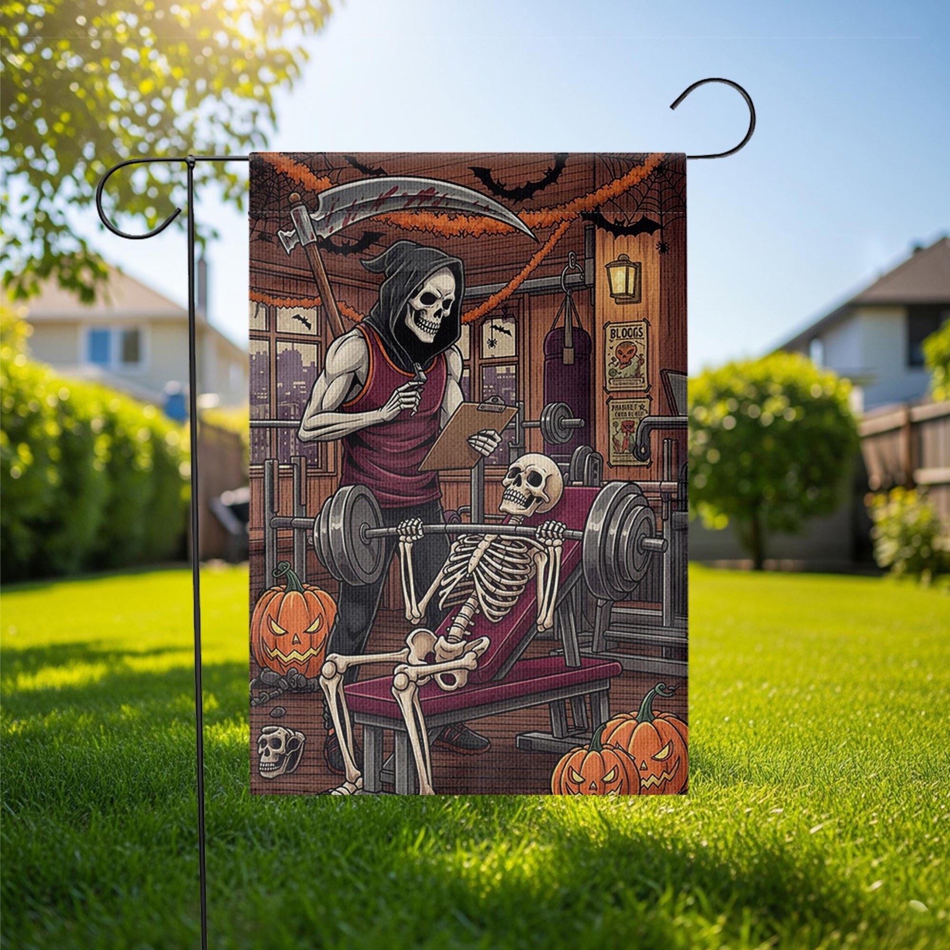 Skeleton Gym Halloween Garden Flag, Funny Weightlifting Yard Decor, Grim Reaper Trainer Fall Porch Decoration, Spooky Workout Outdoor Banner