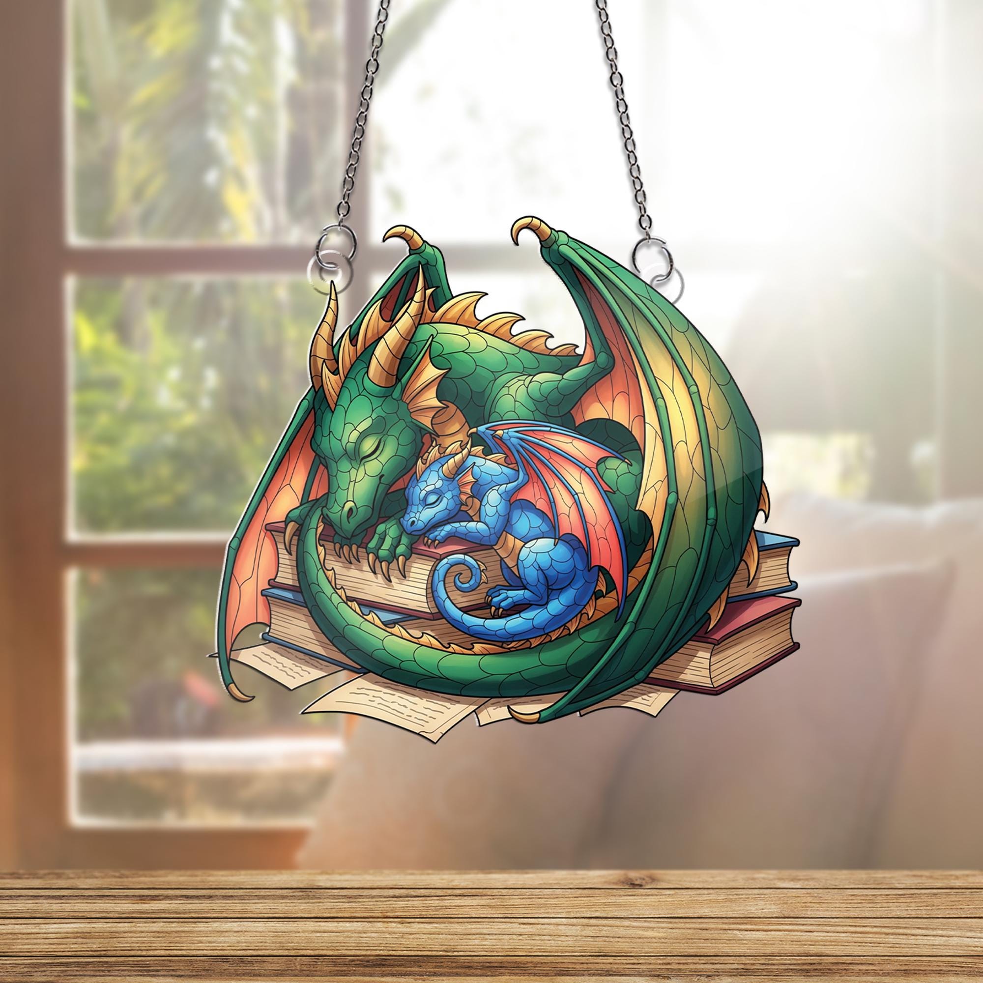 Sleeping Dragon Faux Stained Glass Suncatcher - Fantasy Window Hanging with Books - Whimsical Home Decor Gift for Book & Dragon Lovers