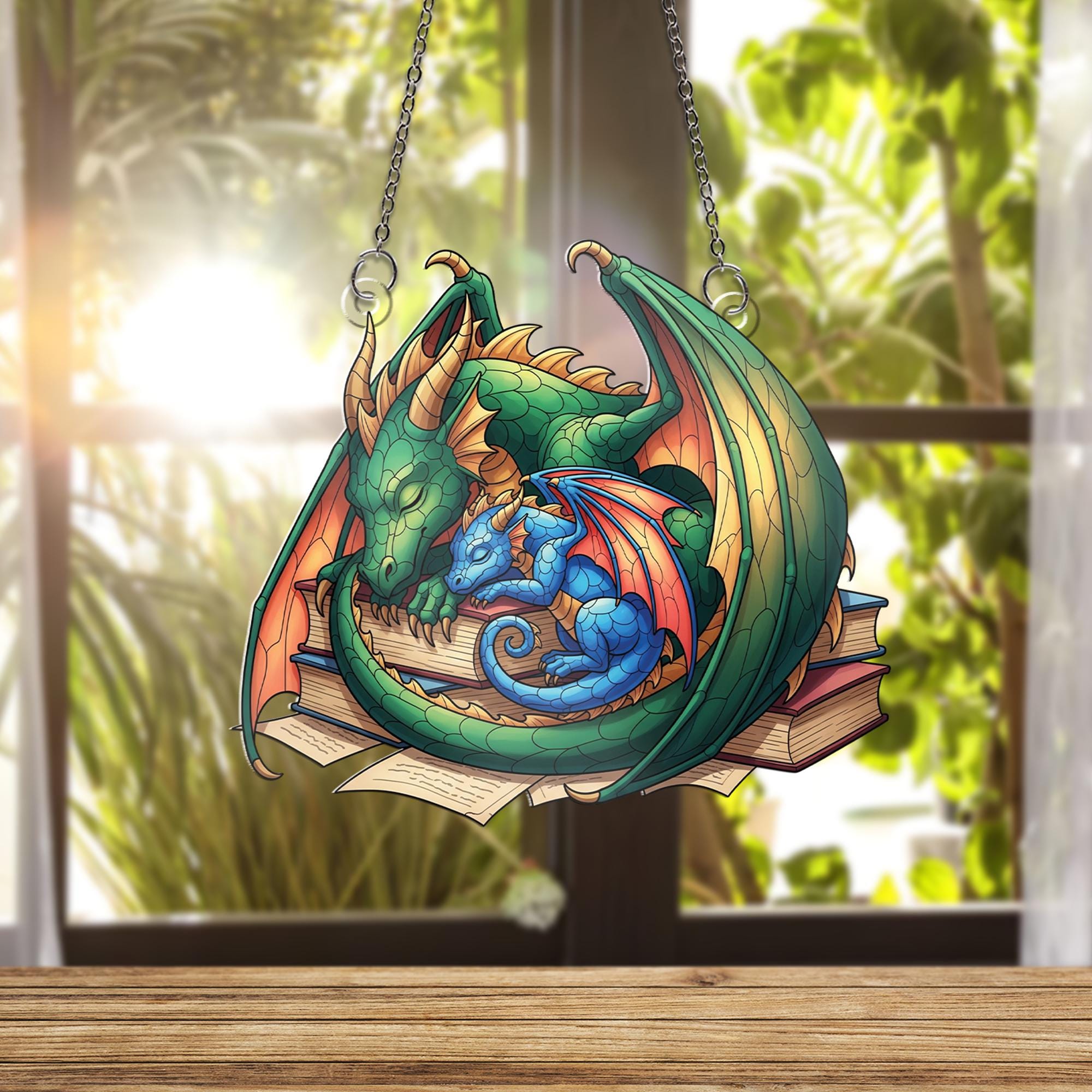 Sleeping Dragon Faux Stained Glass Suncatcher - Fantasy Window Hanging with Books - Whimsical Home Decor Gift for Book & Dragon Lovers