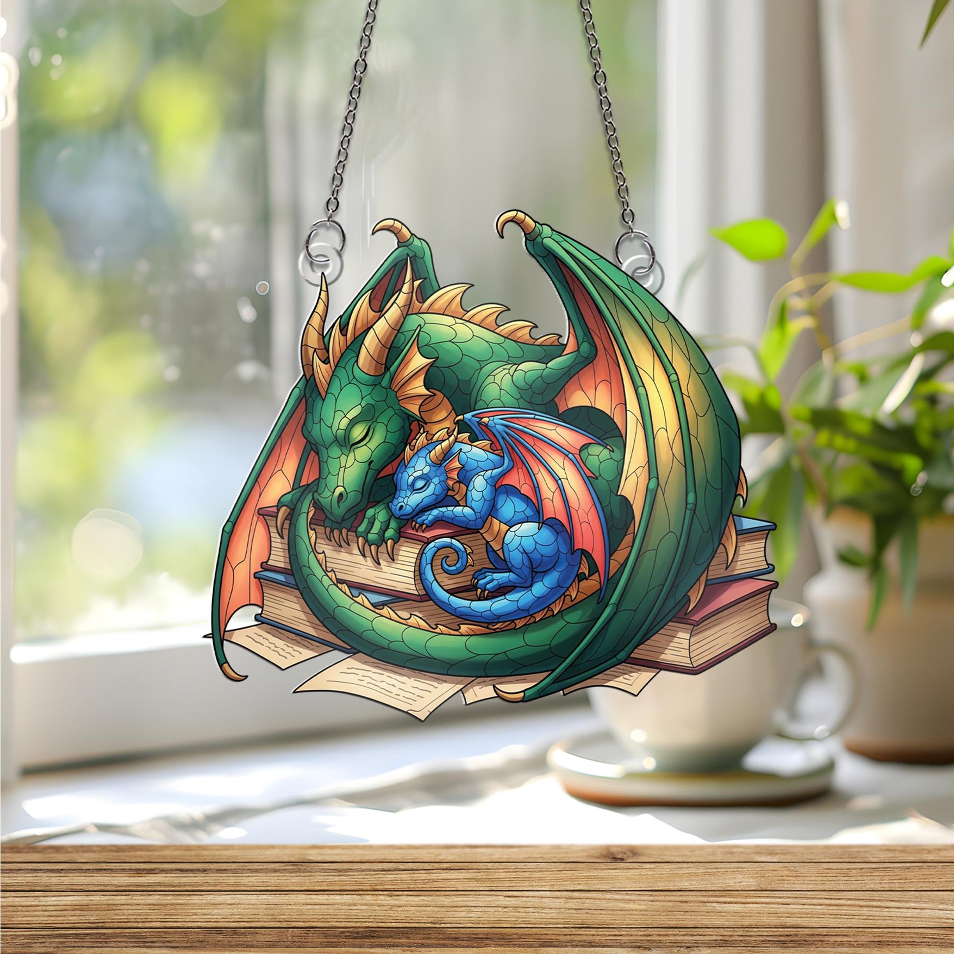 Sleeping Dragon Faux Stained Glass Suncatcher - Fantasy Window Hanging with Books - Whimsical Home Decor Gift for Book & Dragon Lovers