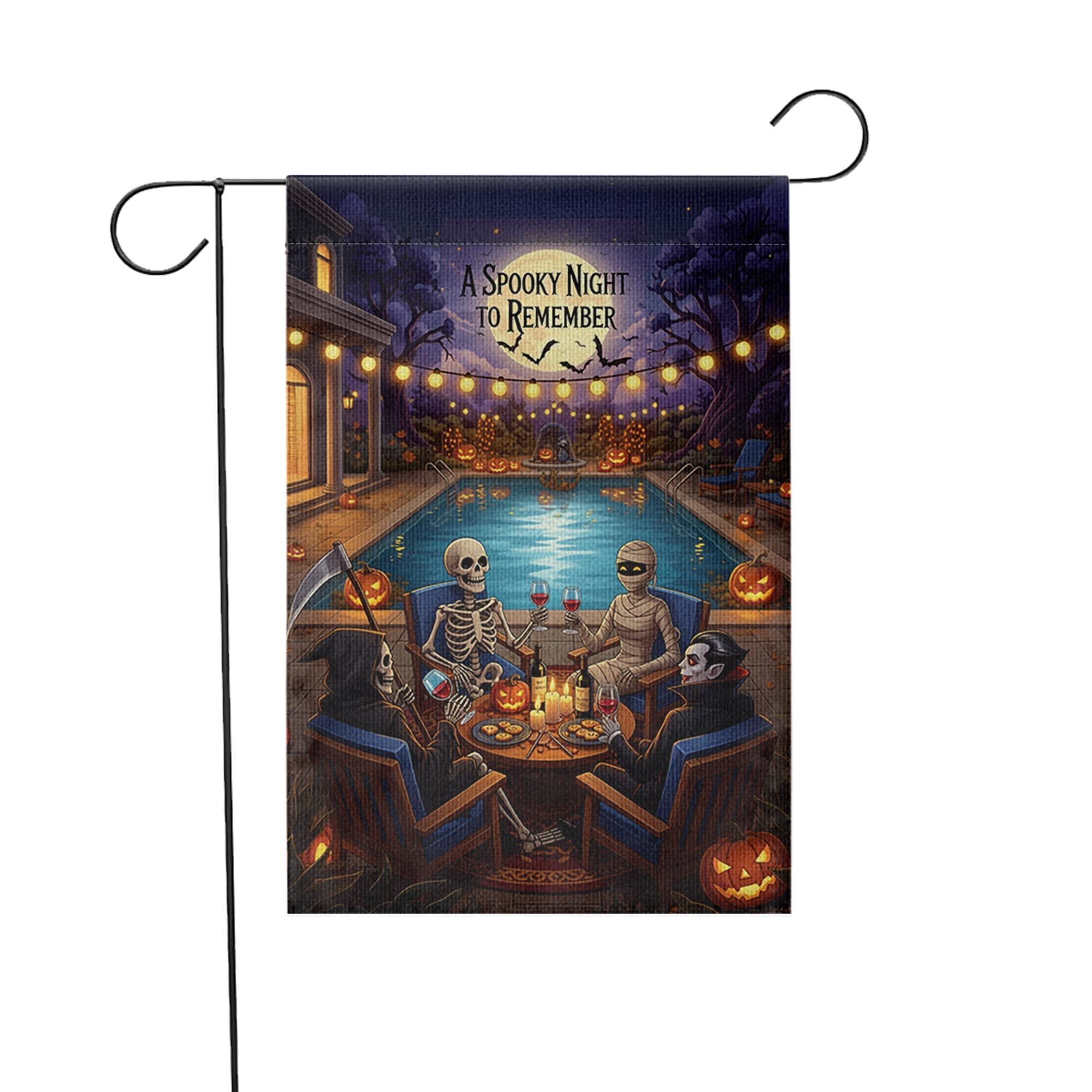 Spooky Halloween Pool Party Garden Flag, Skeleton Vampire Mummy Grim Reaper Yard Decor, A Spooky Night to Remember Fall Outdoor Banner