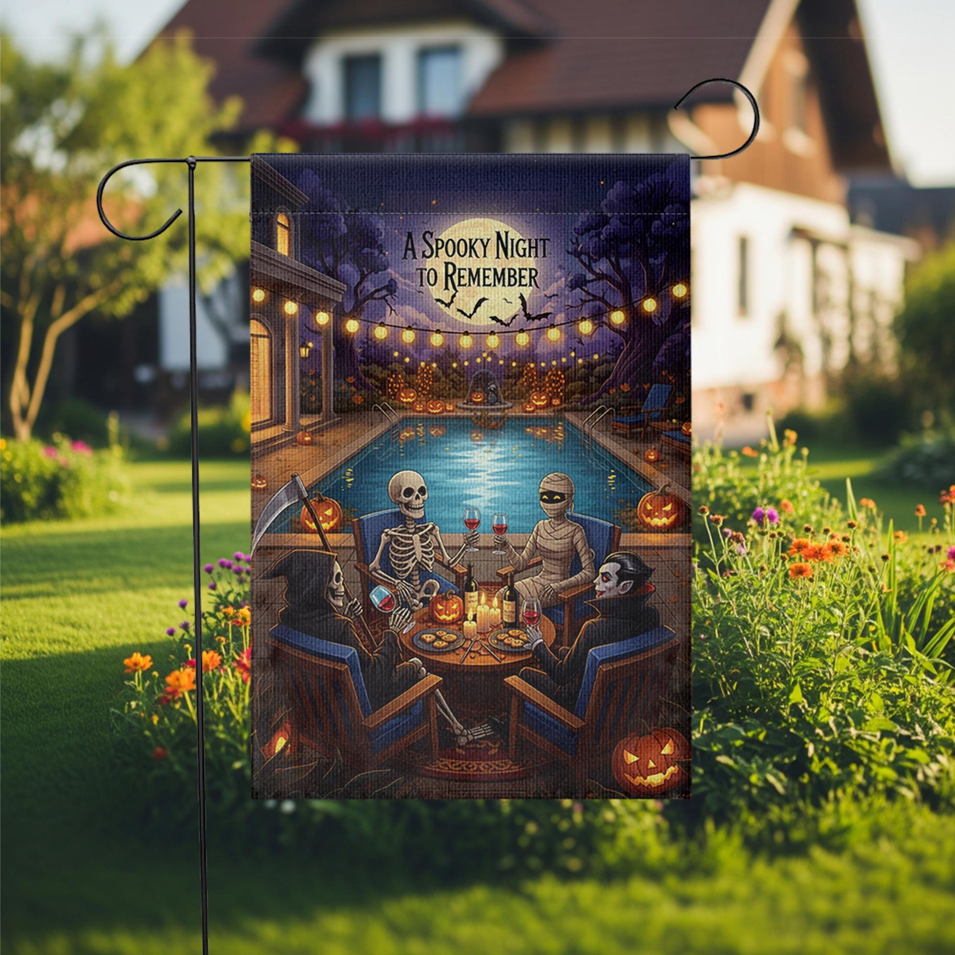 Spooky Halloween Pool Party Garden Flag, Skeleton Vampire Mummy Grim Reaper Yard Decor, A Spooky Night to Remember Fall Outdoor Banner