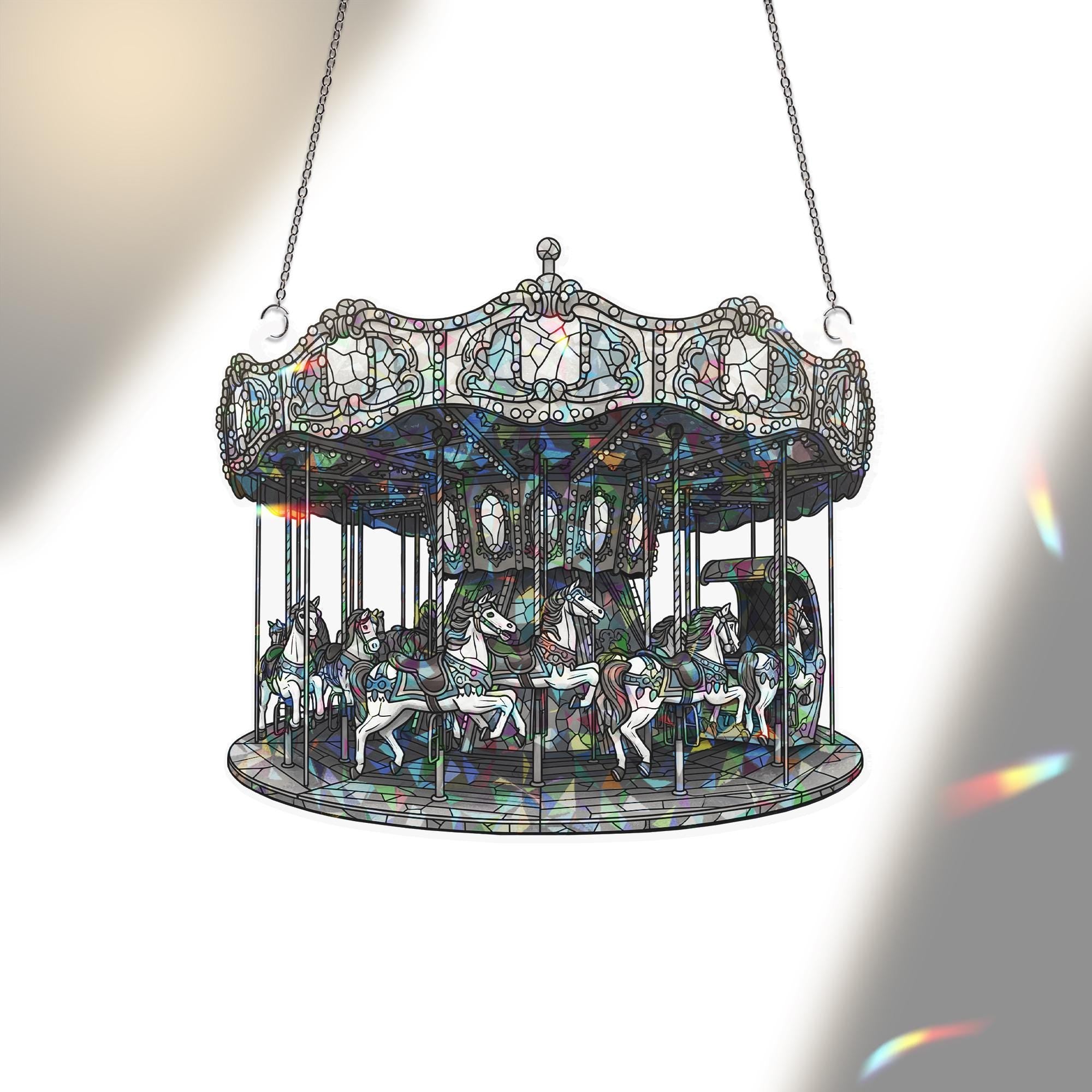 Carousel Holographic Suncatcher - Vintage Merry-Go-Round Window Hanging - Whimsical Rainbow Light Catcher for Kids Room or Gift