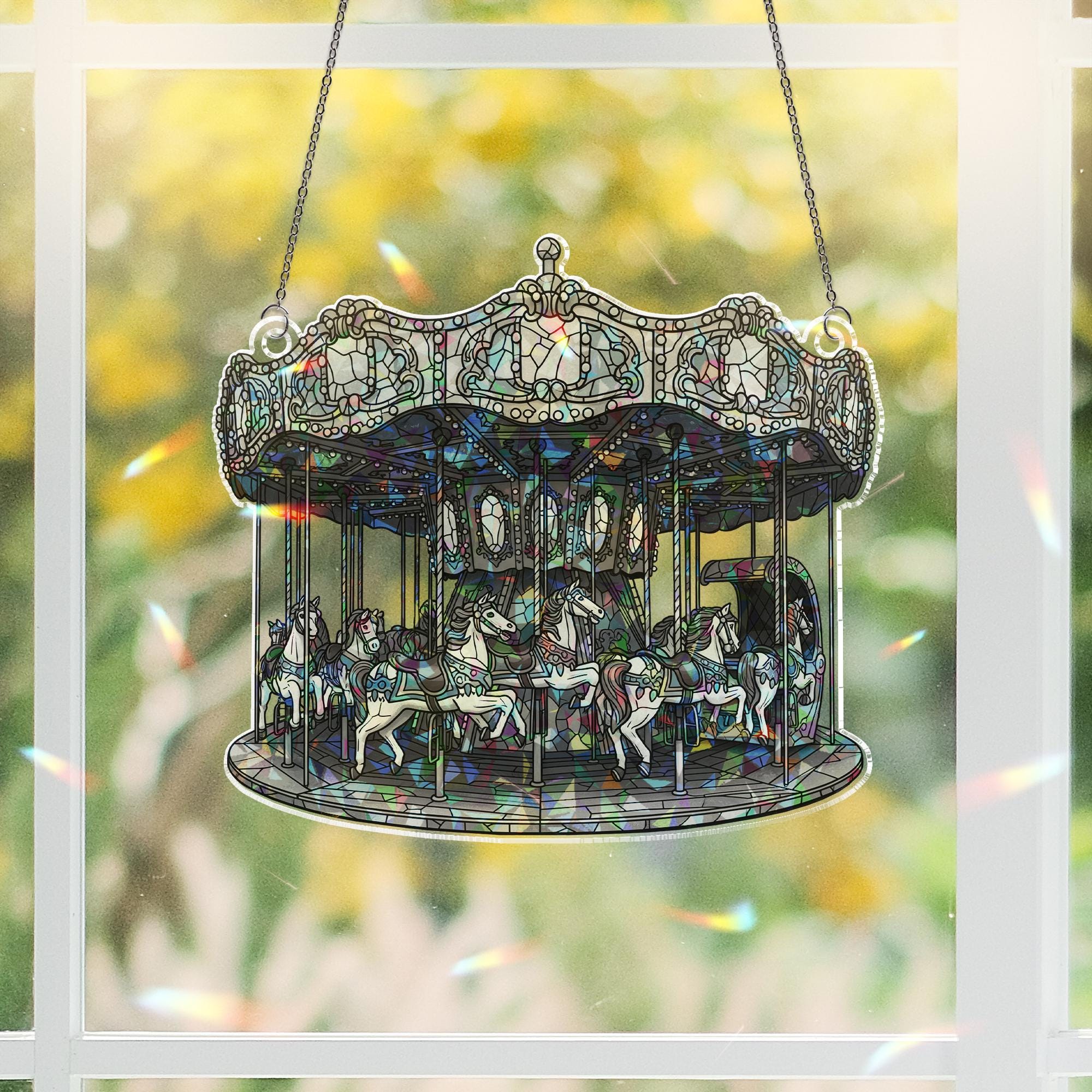 Carousel Holographic Suncatcher - Vintage Merry-Go-Round Window Hanging - Whimsical Rainbow Light Catcher for Kids Room or Gift